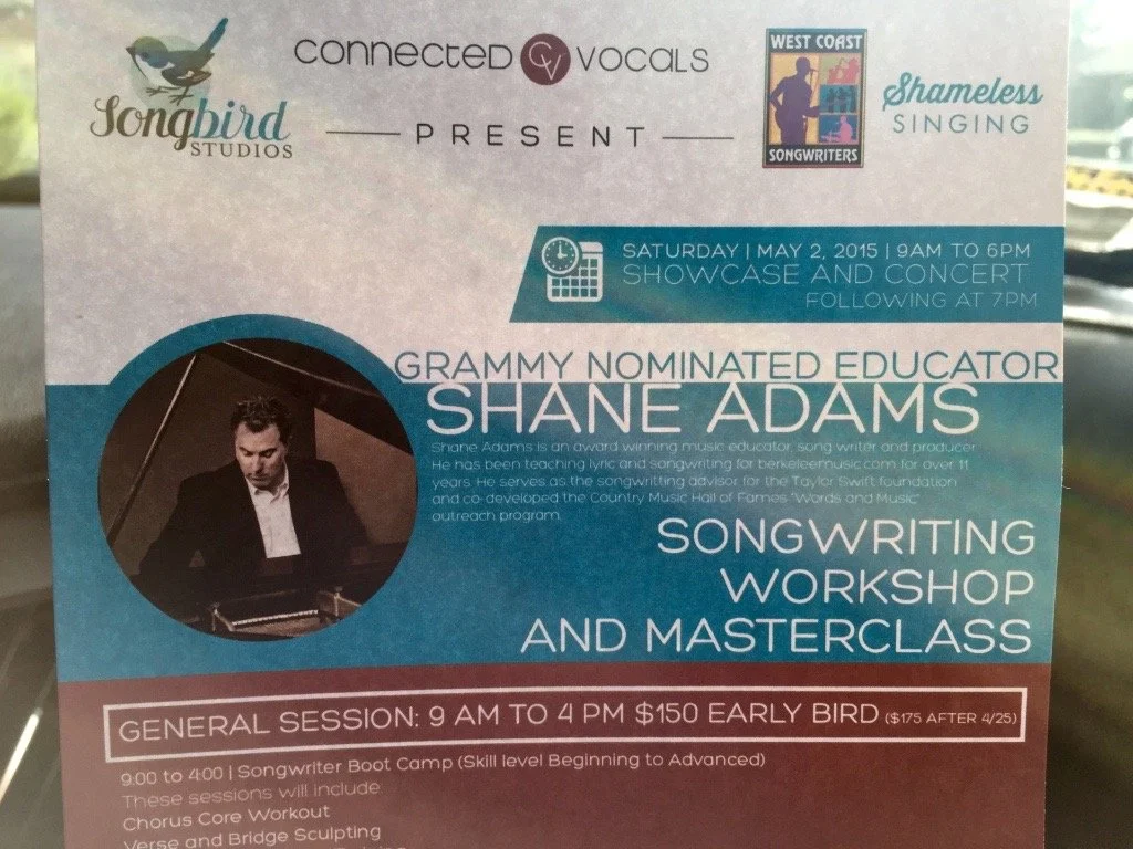 Flyer for a Shane Adams songwriting workshop and masterclass
