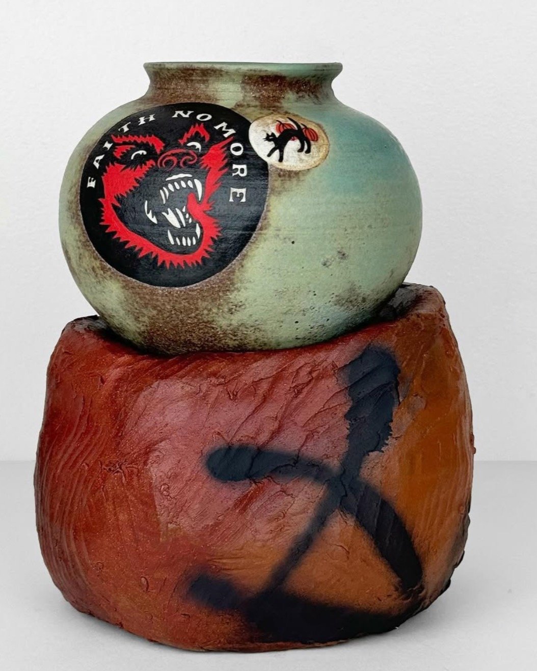 @aceisgod is with us for a few months. Some words from his show @katesferriprojects : &quot;Barrag&aacute;n hand makes ceramic jugs that are ornamented by band stickers, bumper stickers and 70&rsquo;s and 80&rsquo;s ephemera. The ceramic jugs are mad