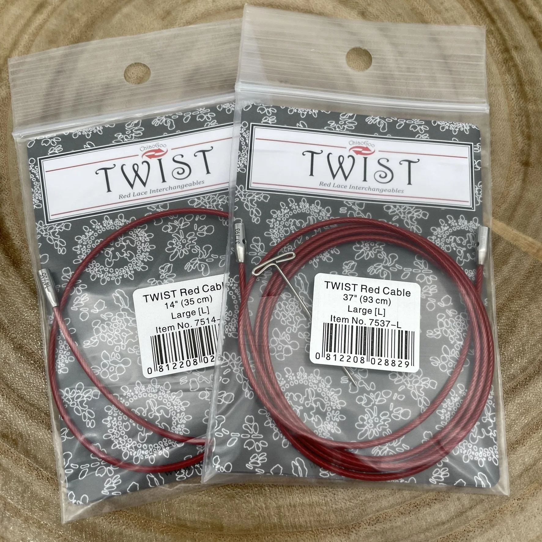 Two packages of Chiaogoo twist red lace interchangeable knitting needle cables