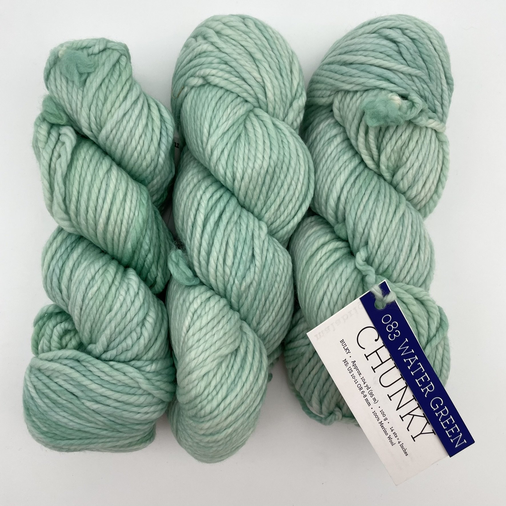 Malabrigo Chunky yarn in Water Green colorway, a soft minty green bulky merino wool skein perfect for knitting or crocheting.
