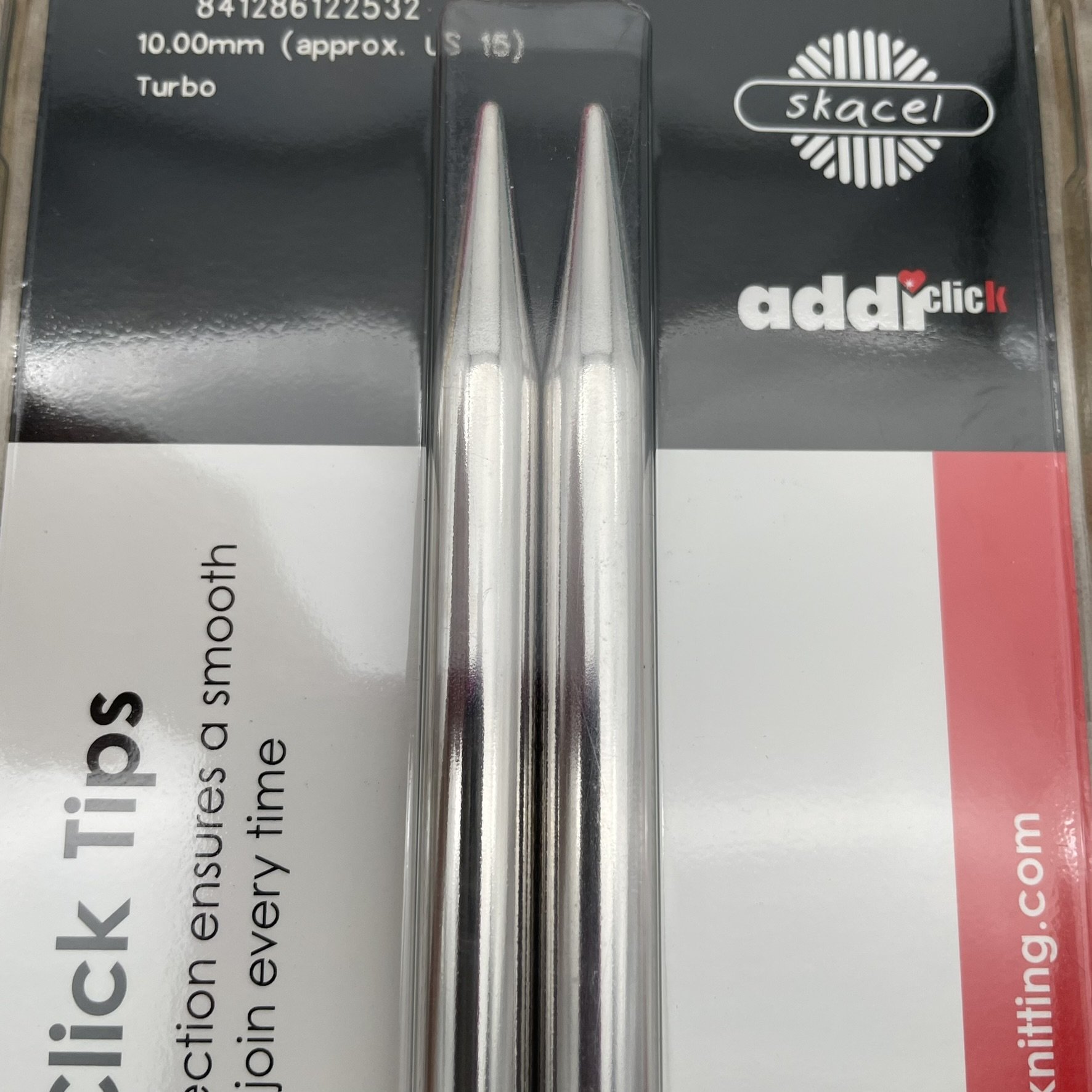 Close-up image of AddiClick knitting tips in packaging, featuring Turbo tips.