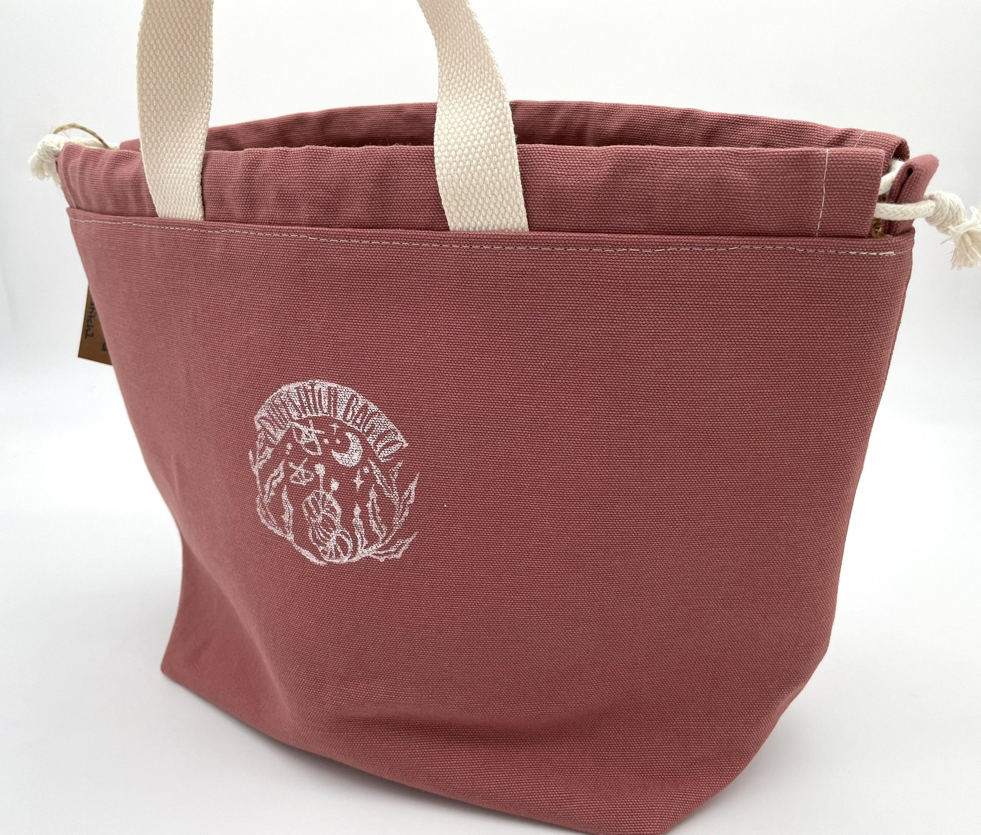 Large pink Puff Stitch project bag with front logo design