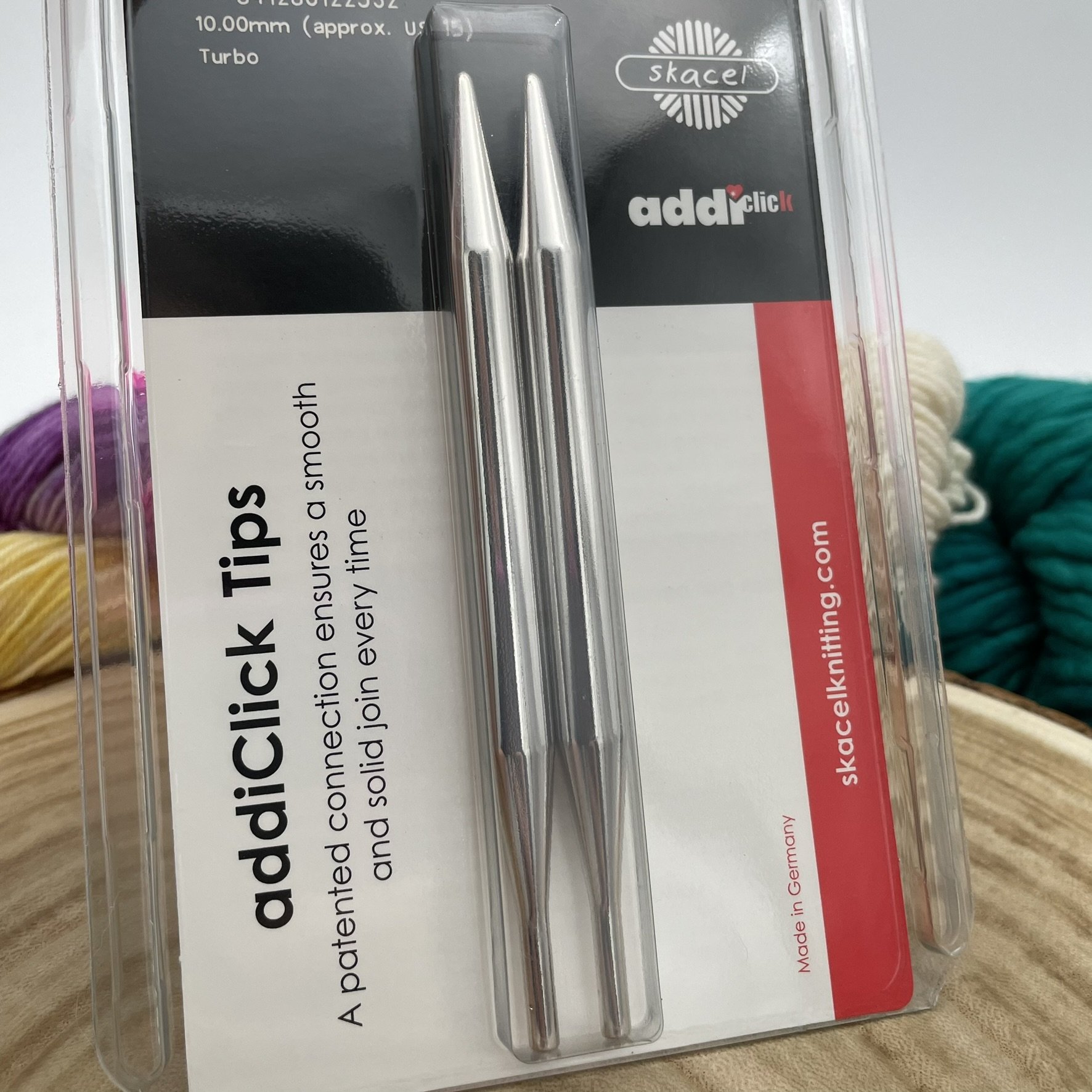 AddiClick Turbo knitting tips in US size 15, with a close-up of the metal tips.