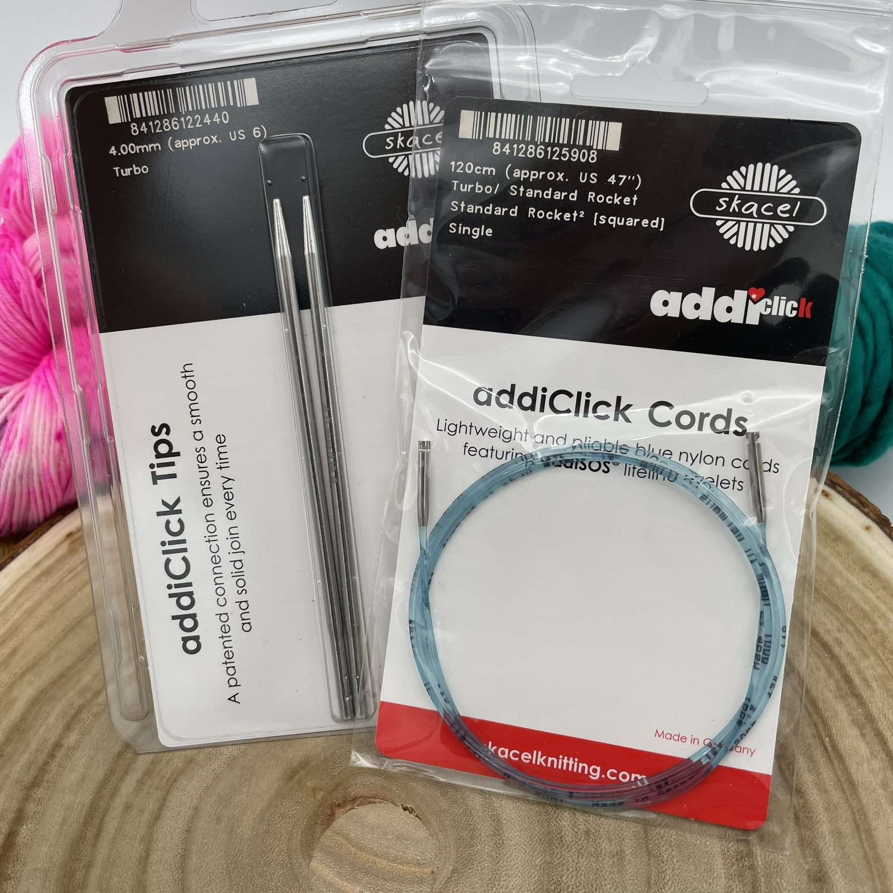 AddiClick knitting tips and cord packaging, showing US 6 size tips and 47-inch cord.