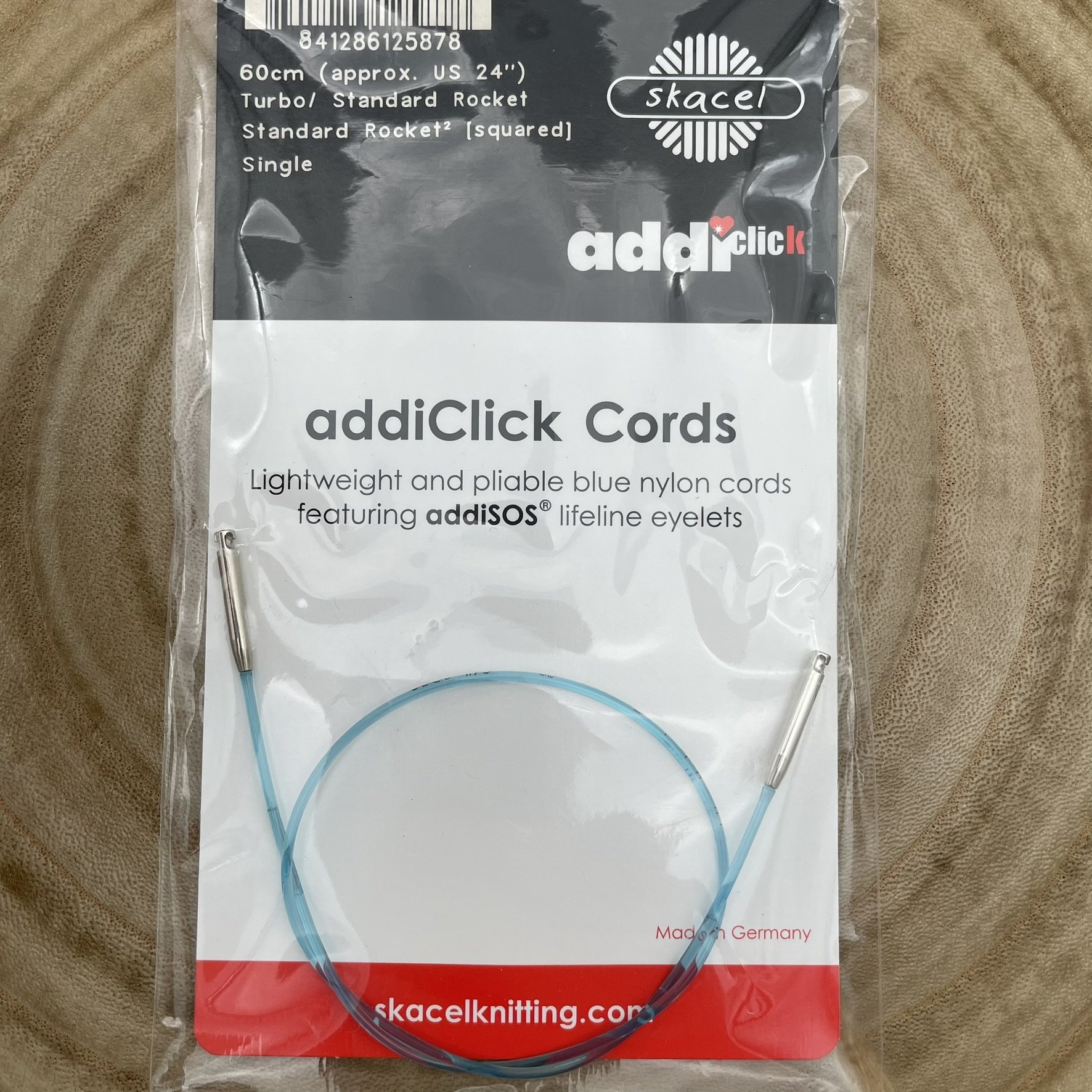Sealed package of addiClick 24-inch cord featuring addiSOS lifeline eyelets.