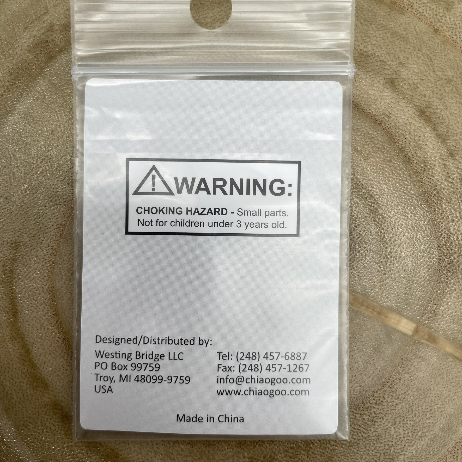 Back of ChiaoGoo Spin & Twist Tightening Keys package showing product details and warning label
