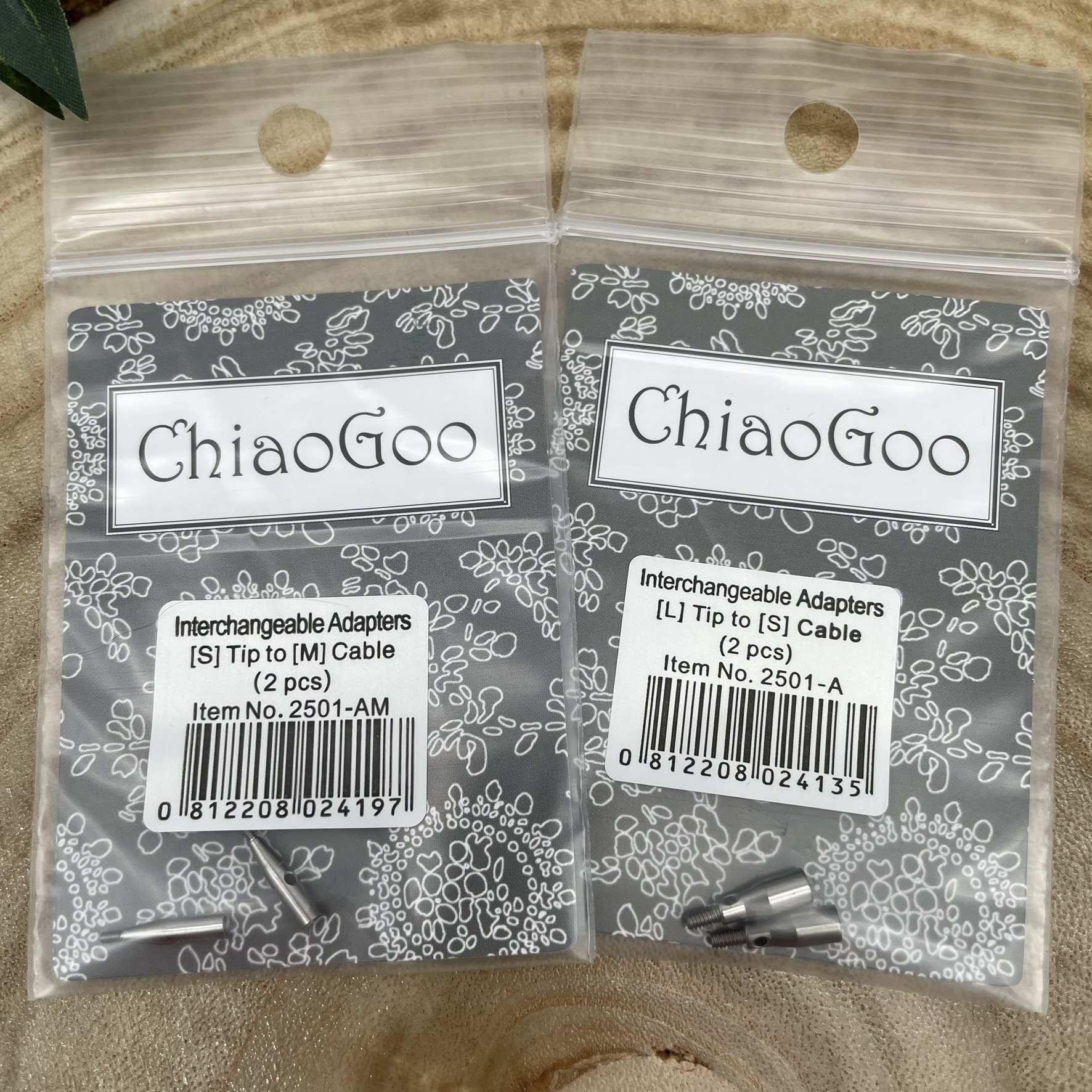 ChiaoGoo interchangeable adapters for L tip to S cable and S tip to M cable, 2 pieces in original packaging