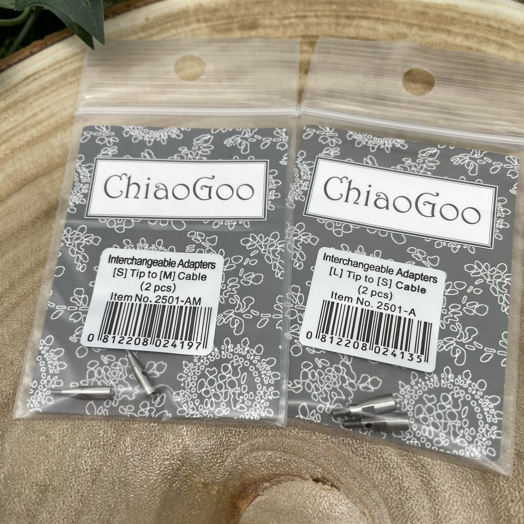 ChiaoGoo interchangeable adapters set for L tip to S cable and S tip to M cable, 2 pieces each in original packaging