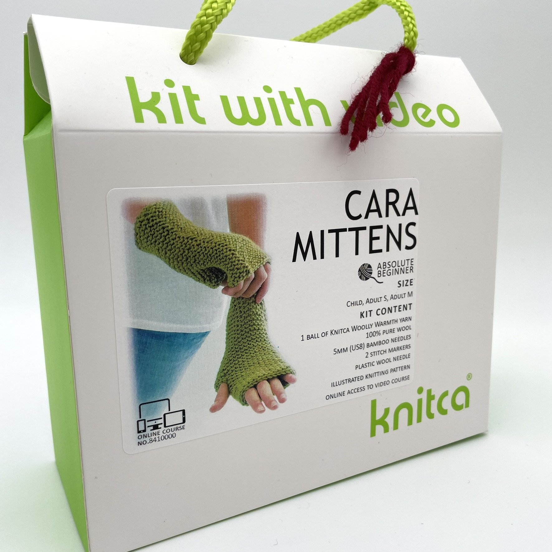 DIY Knitting Kit for Cara Mittens by Knitca in burgundy packaging with wool yarn and beginner-level instructions.