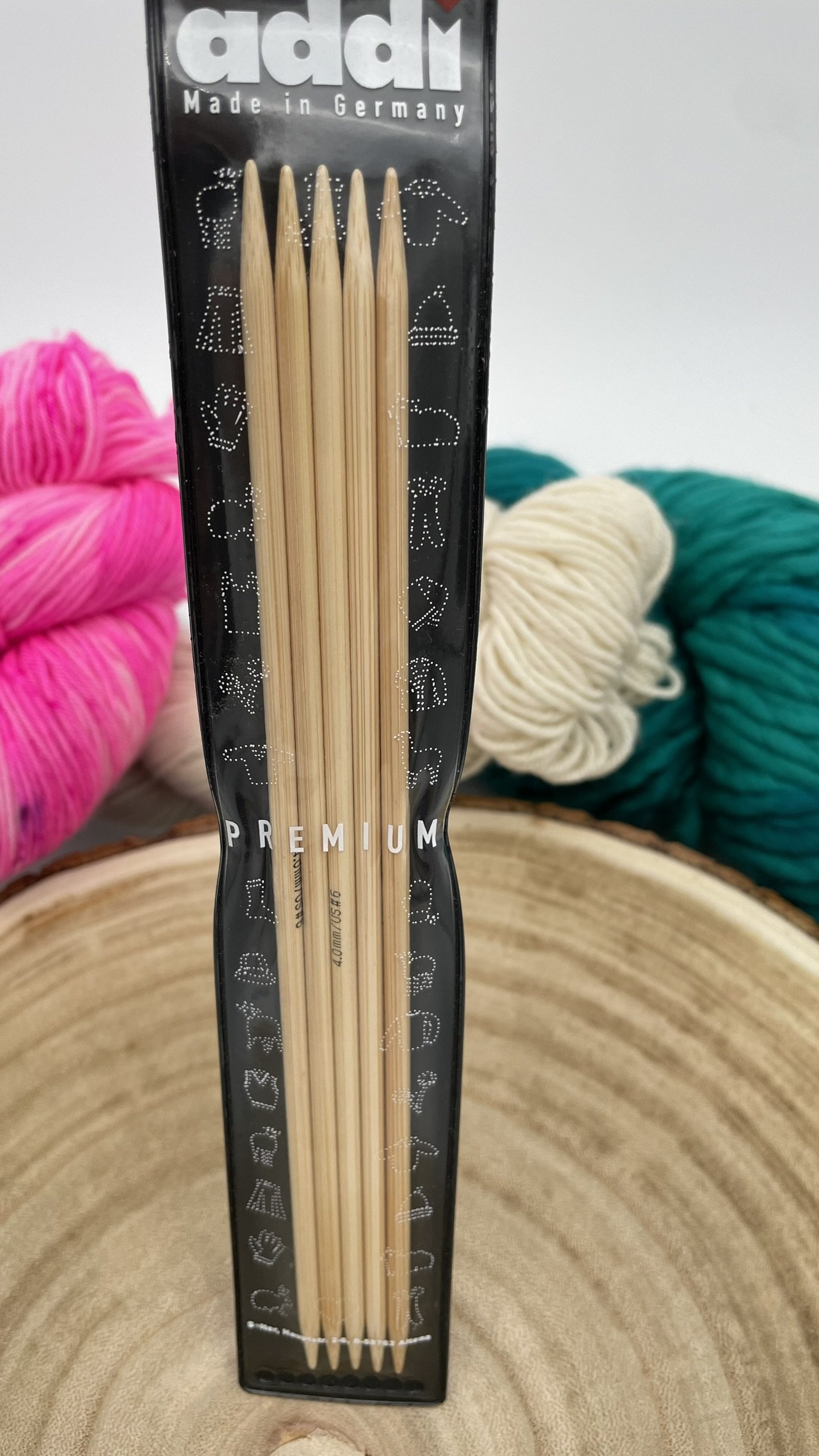 Addi 8-inch bamboo double-pointed needles made from high-quality bamboo, perfect for knitting projects.