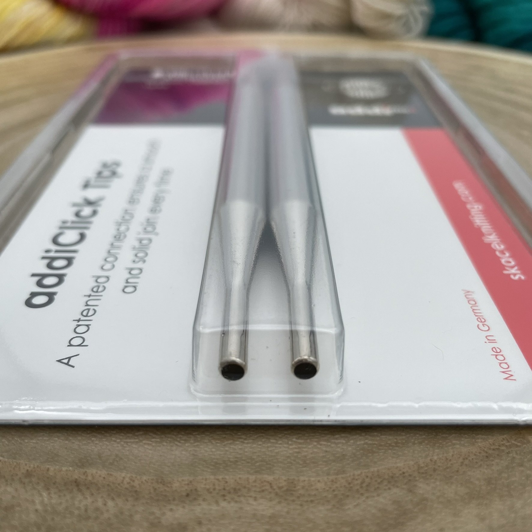 Close-up of the join end of AddiClick Turbo knitting tips, showing the connection for cables.