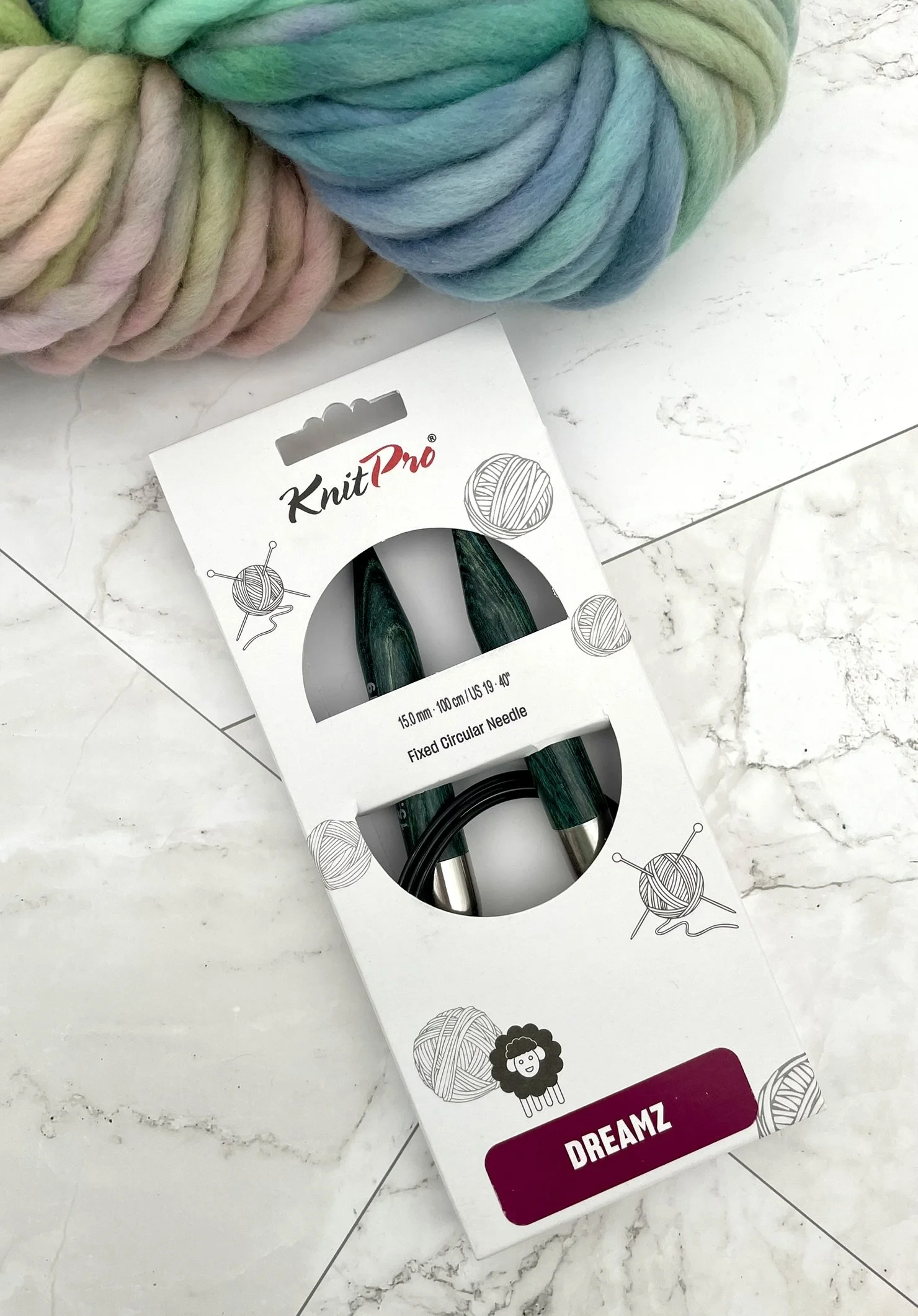 KnitPro Dreamz 40in US19 and yarn.JPEG