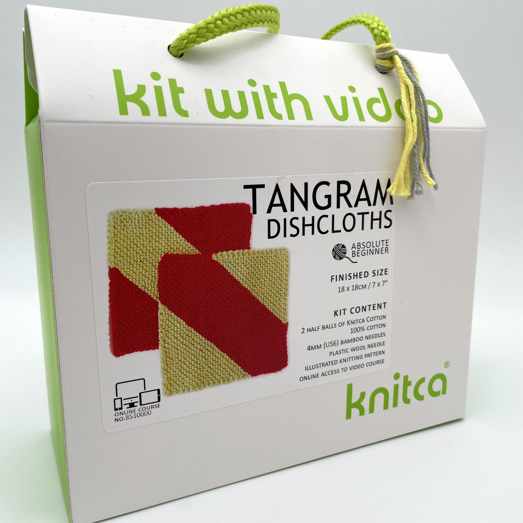 DIY Knitting Kit for Tangram Dishcloths by Knitca in packaging with gray and yellow yarn, ideal for beginners.