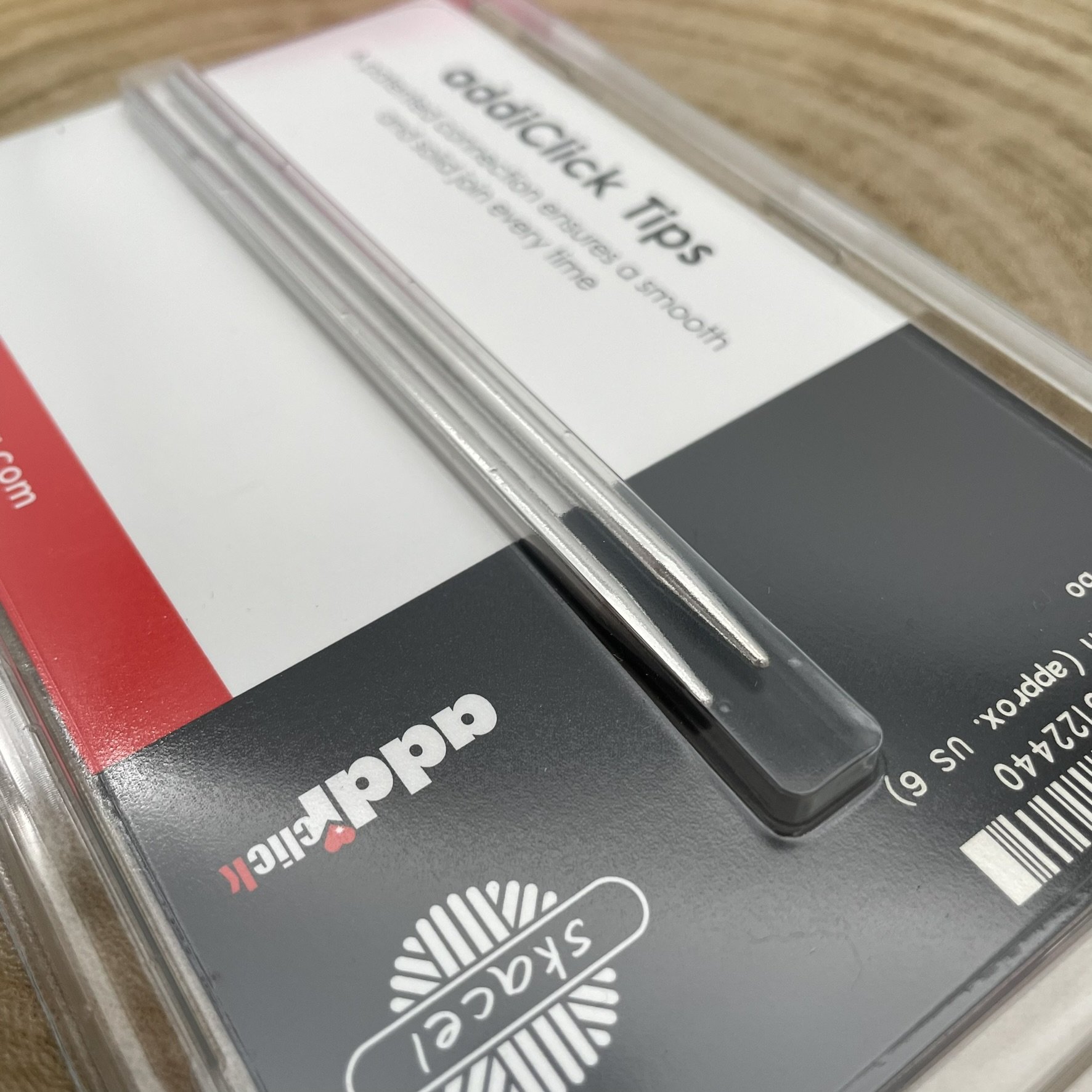 AddiClick Turbo knitting tips US size 6, shown from an angle, packaged.