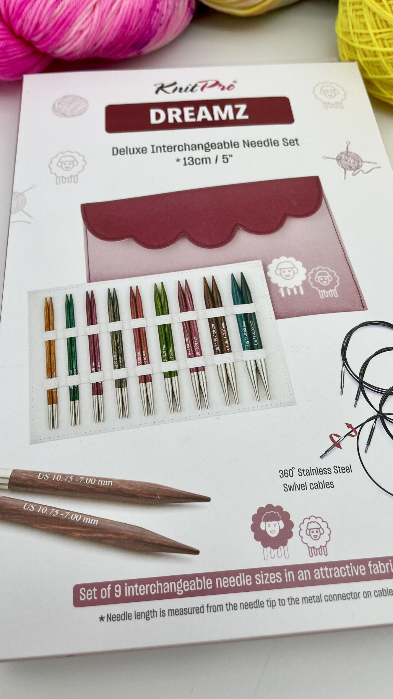Front view of the KnitPro Dreamz 13cm/5 inch Deluxe Interchangeable Needle Set with 9 needle sizes in a fabric case