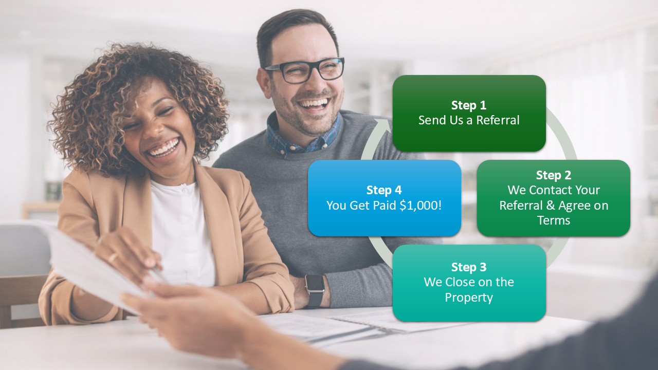 Two smiling professionals reviewing a referral process chart with four steps on paper, in a bright office setting.