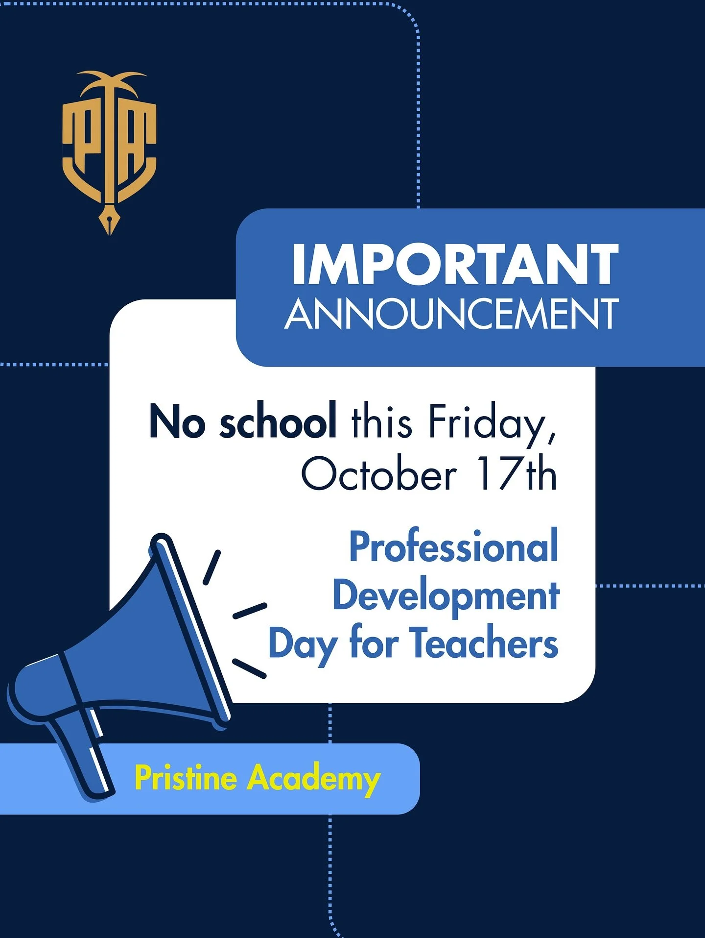 Our teachers never stop learning! 🌟 This Friday, October 17th, there will be no school while our staff takes part in a Professional Development Day to continue growing and improving for our students. Classes will resume on Monday!