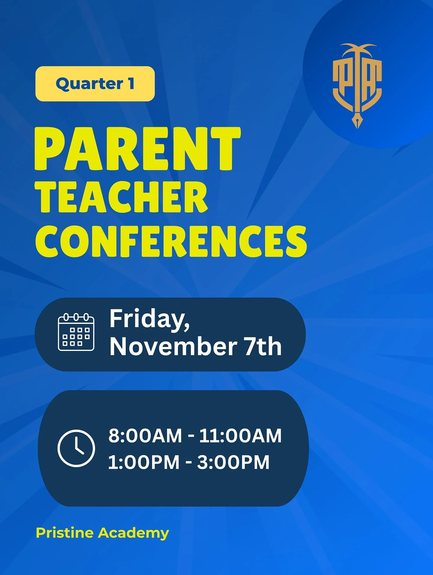 Join us on Friday, November 7th to discuss your child&rsquo;s progress and goals for the next quarter.
🕗 8:00&ndash;11:00 AM | 1:00&ndash;3:00 PM
Your involvement makes a difference! 🌟