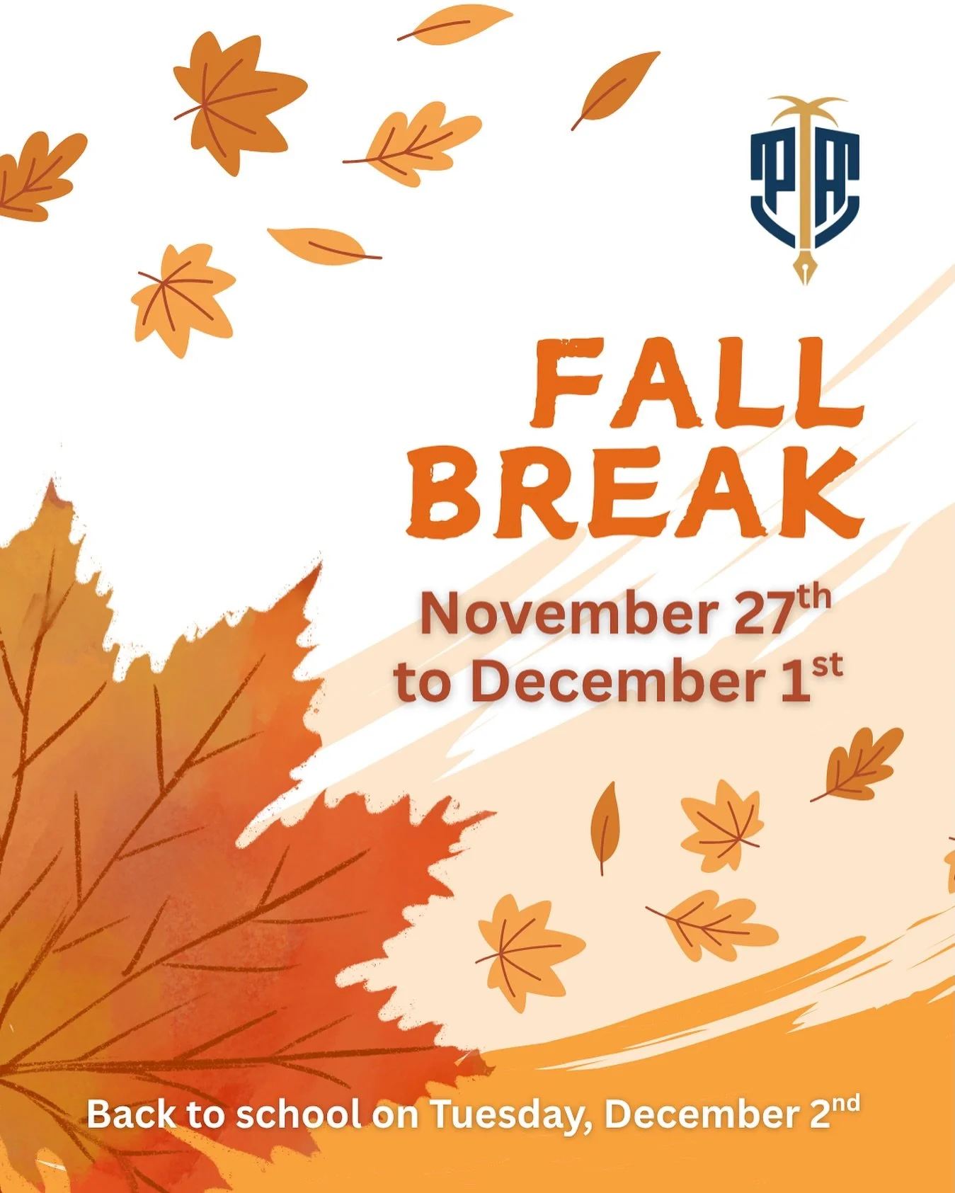 🍁 Fall Break is almost here!
There will be no classes from November 27th to December 1st.
We look forward to welcoming our students back to school on Tuesday, December 2nd &mdash; rested, recharged, and ready to learn! 🤎📚