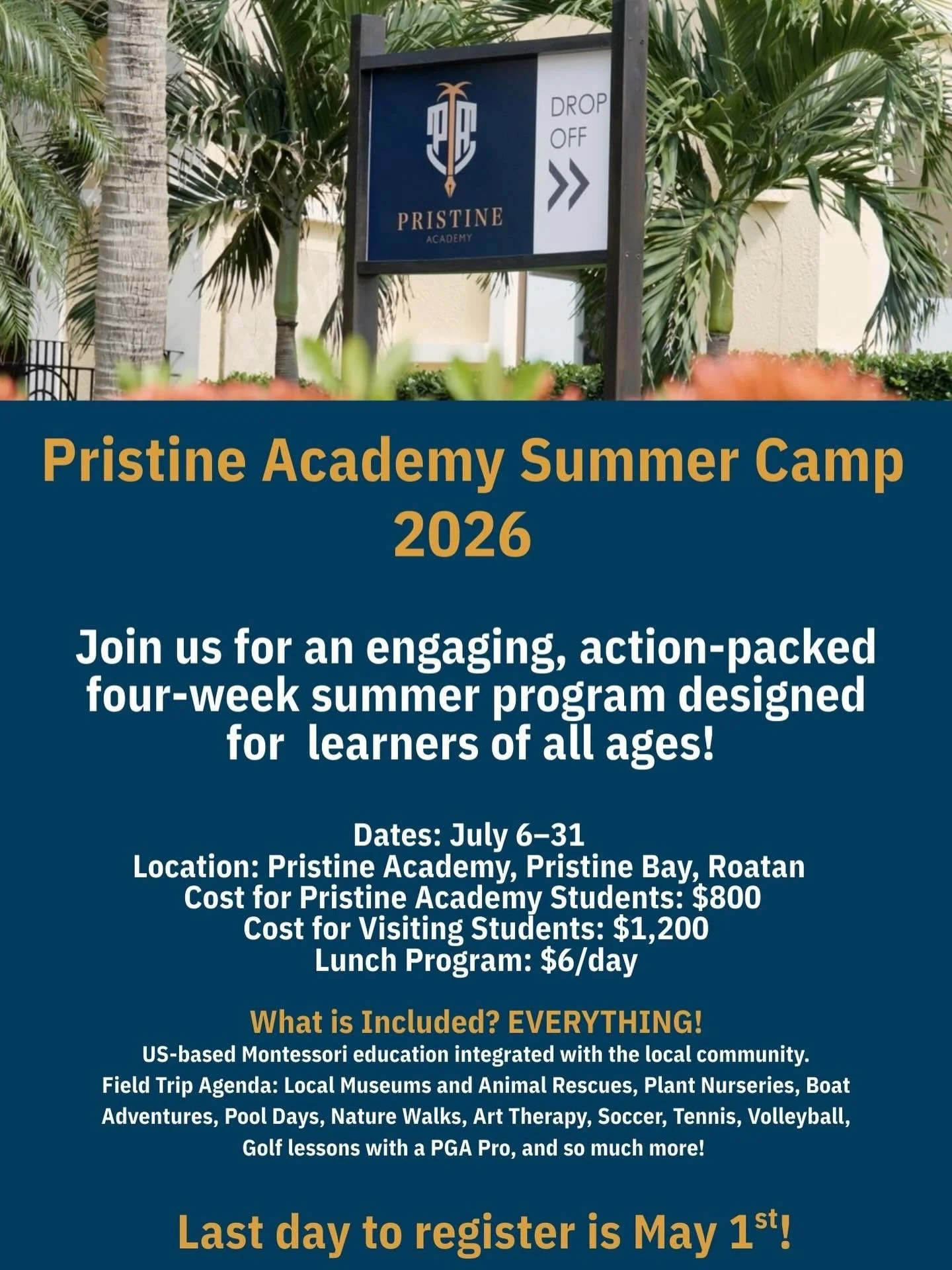 ☀️🌴 Pristine Academy Summer Camp 2026 🌴☀️

Get ready for an unforgettable summer of learning, adventure, and fun! From July 6&ndash;31, our four-week camp blends US-based Montessori learning with hands-on island experiences for learners of all ages