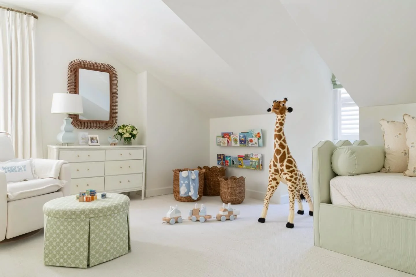 When the gender is a surprise, the goal was timeless and warm. We created a soft foundation of creamy white, butter yellows, and greens so the space could evolve effortlessly. Touches of pink or blue could be added in once the baby arrived. The sweet