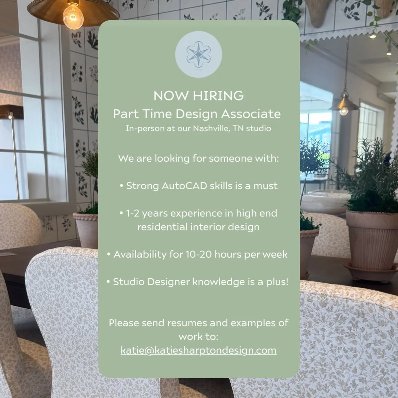 Come join our growing team! Email resumes and example of work to katie@katiesharptondesign.com 💙💙