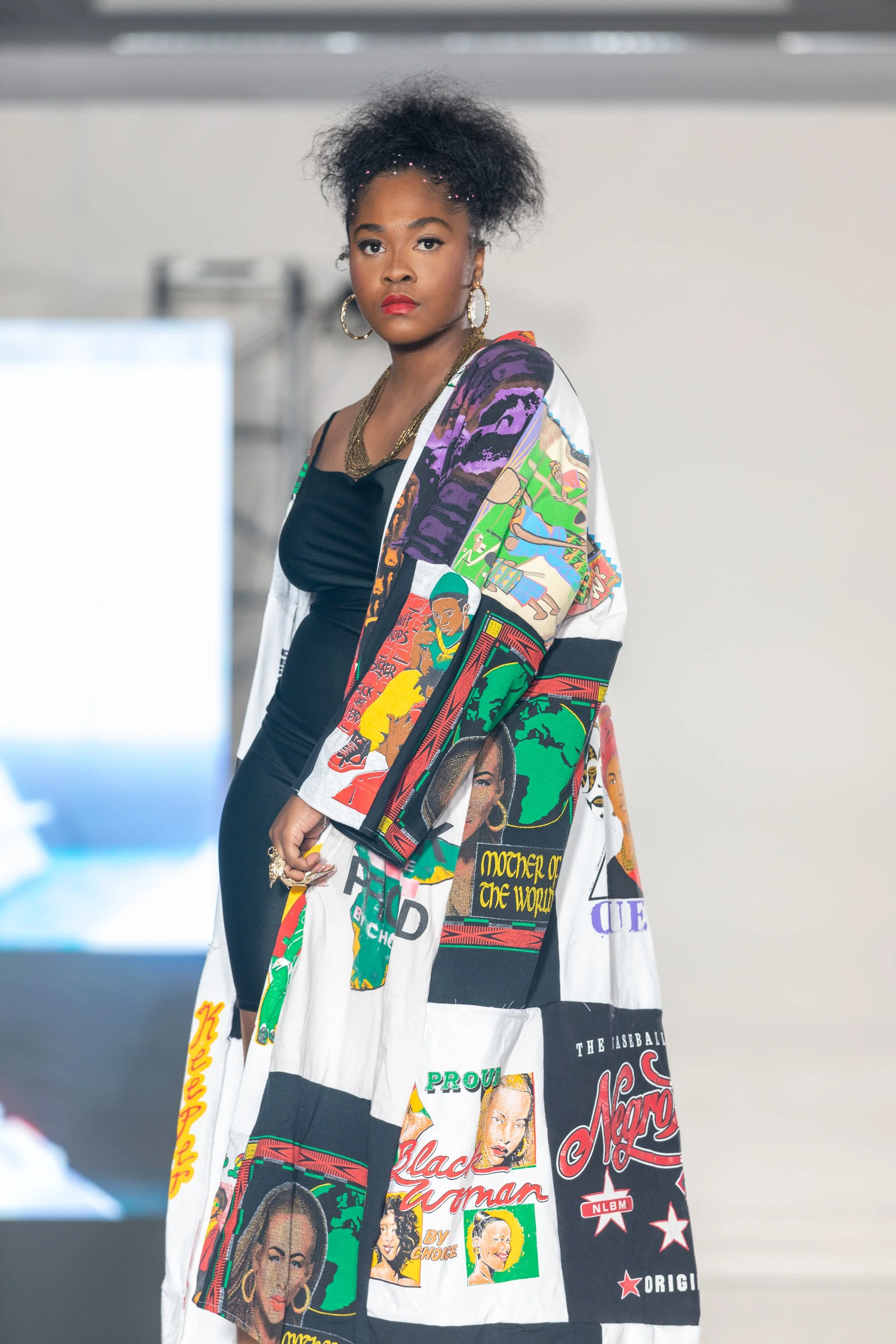 “Our History”
Originally created for Los Angeles Fashion Week, this kimono-inspired jacket is constructed from donated vintage Black History t-shirts. Each stitch weaves together heritage, celebrating the community’s achievements and enduring faith. 
