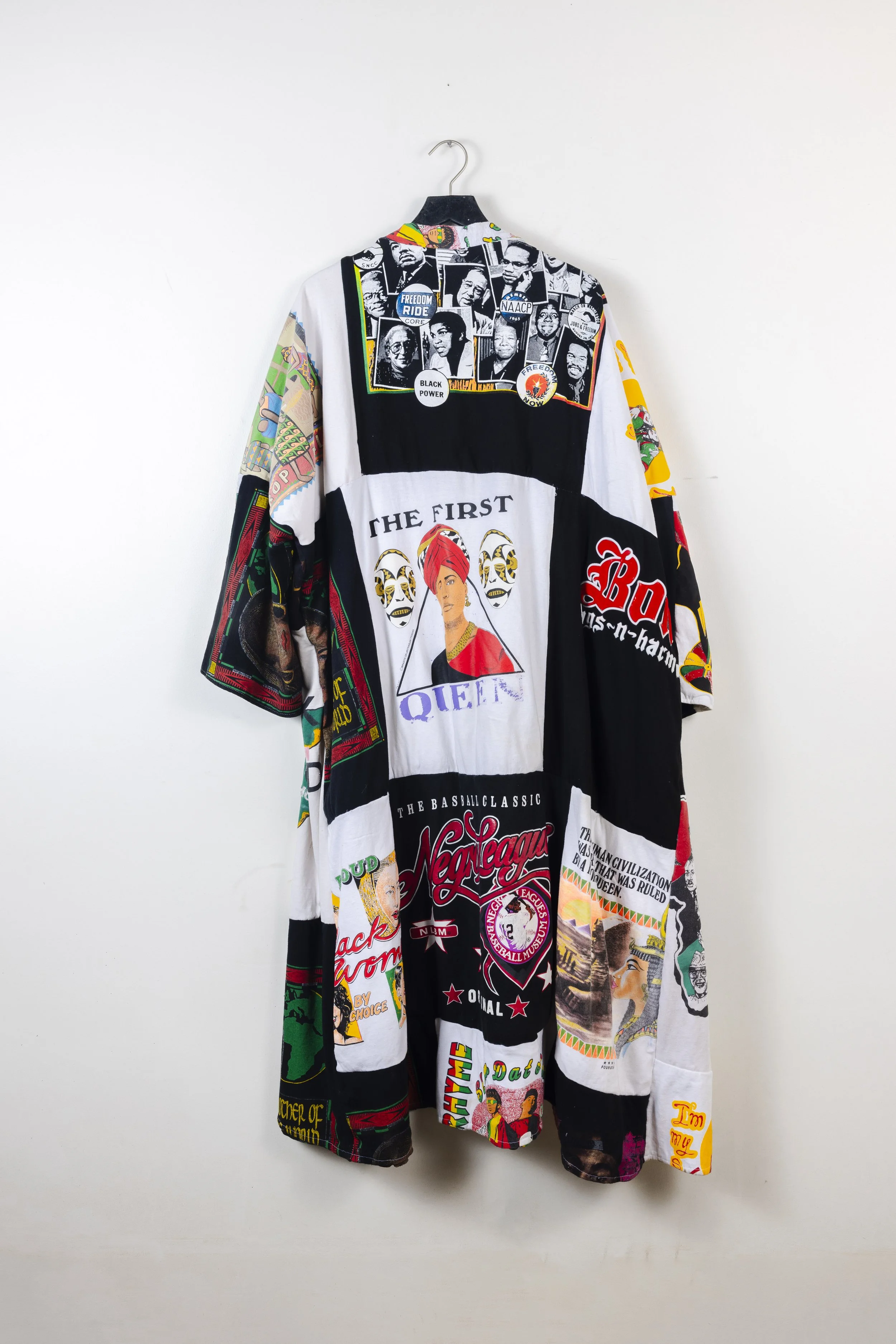 “Our History”
Originally created for Los Angeles Fashion Week, this kimono-inspired jacket is constructed from donated vintage Black History t-shirts. Each stitch weaves together heritage, celebrating the community’s achievements and enduring faith. 