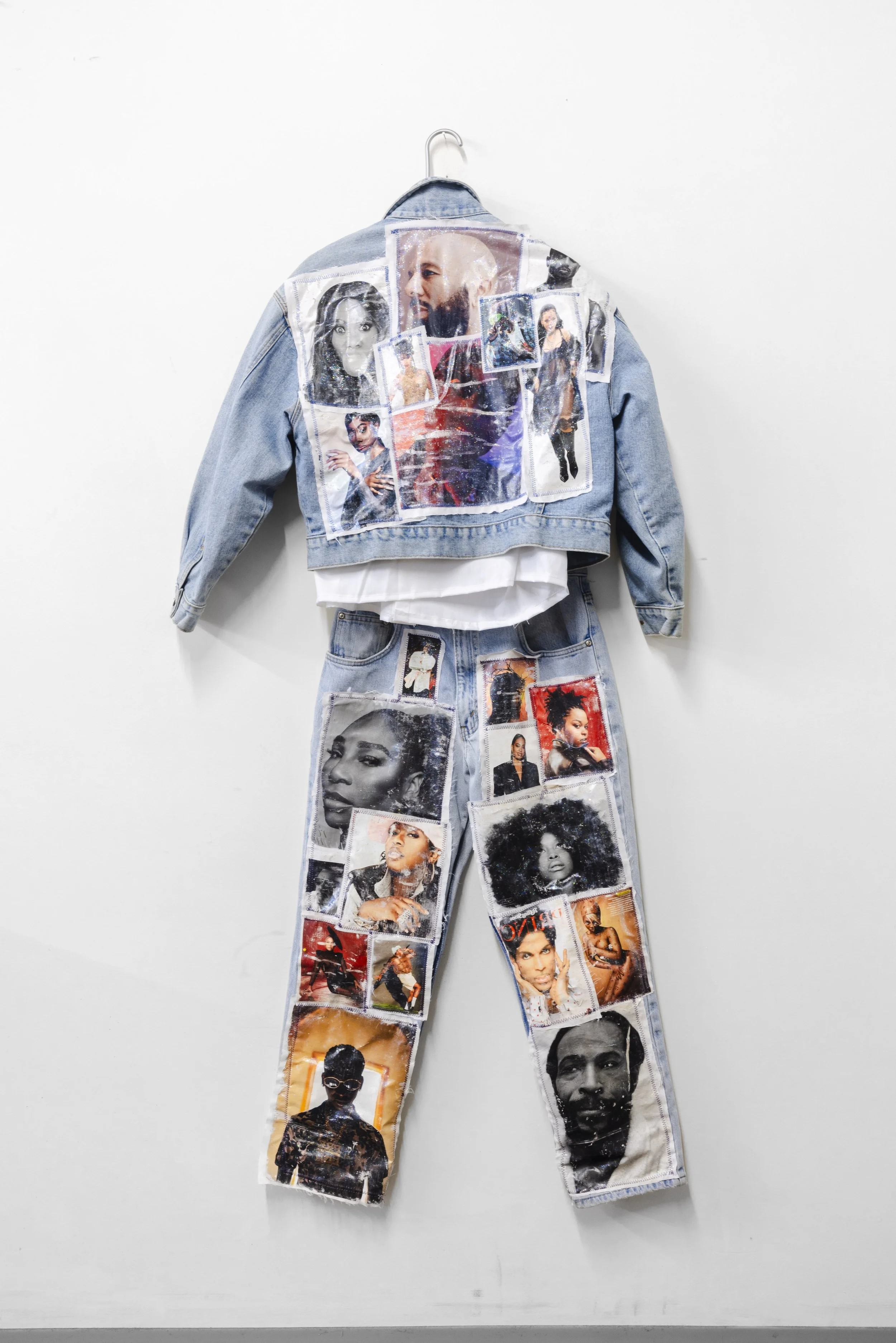 “Legends” Collage Denim Set
Created for the GRWM Runway Experience, this set combines secondhand textiles, magazine imagery, and Mod Podge to honor iconic pop culture figures who have shaped the Black community. The piece bridges past and present, il