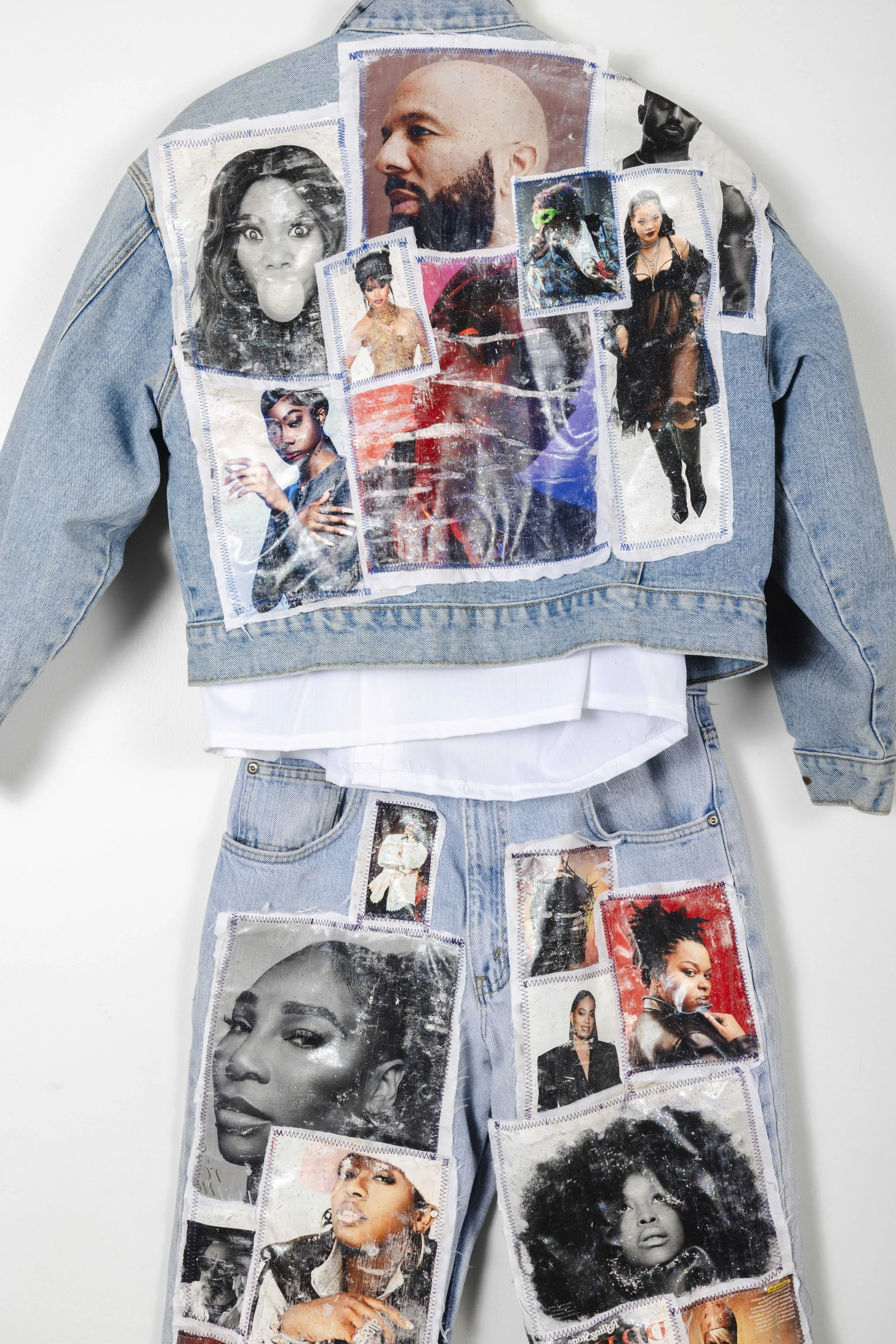 “Legends” Collage Denim Set
Created for the GRWM Runway Experience, this set combines secondhand textiles, magazine imagery, and Mod Podge to honor iconic pop culture figures who have shaped the Black community. The piece bridges past and present, il