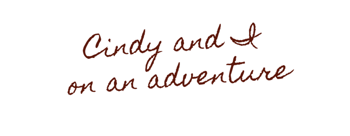 Text reading 'Cindy and I on an adventure' written in brown cursive font over a white background.