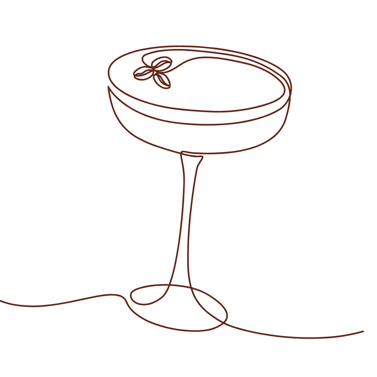 Single line drawing of a cocktail glass with a butterfly garnish on the rim.