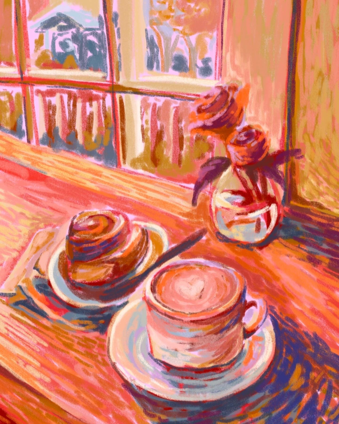 Colorful painting of a café table with a cup of coffee, a cinnamon roll, and a vase with roses.