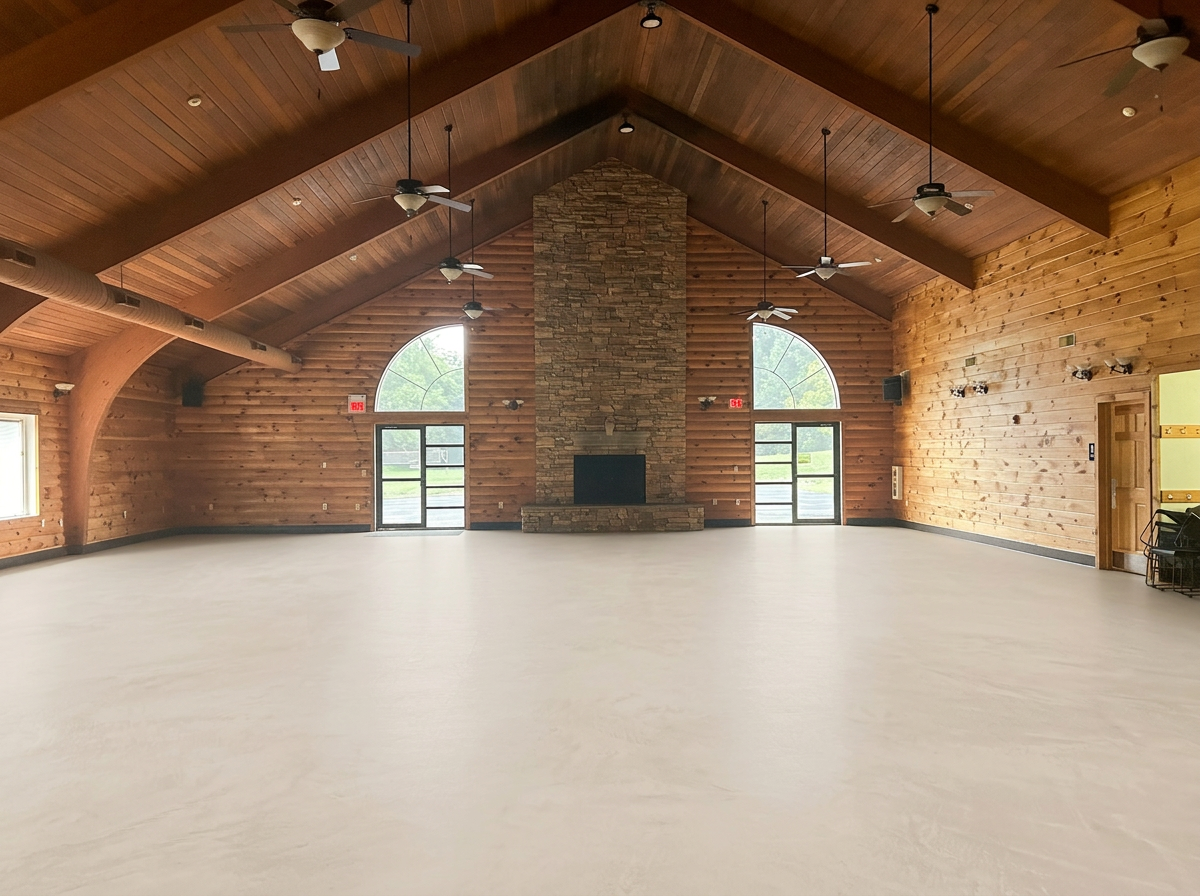 A large, open room with wooden walls and ceiling, multiple ceiling fans, a stone fireplace in the center, large arched windows, and double glass doors.