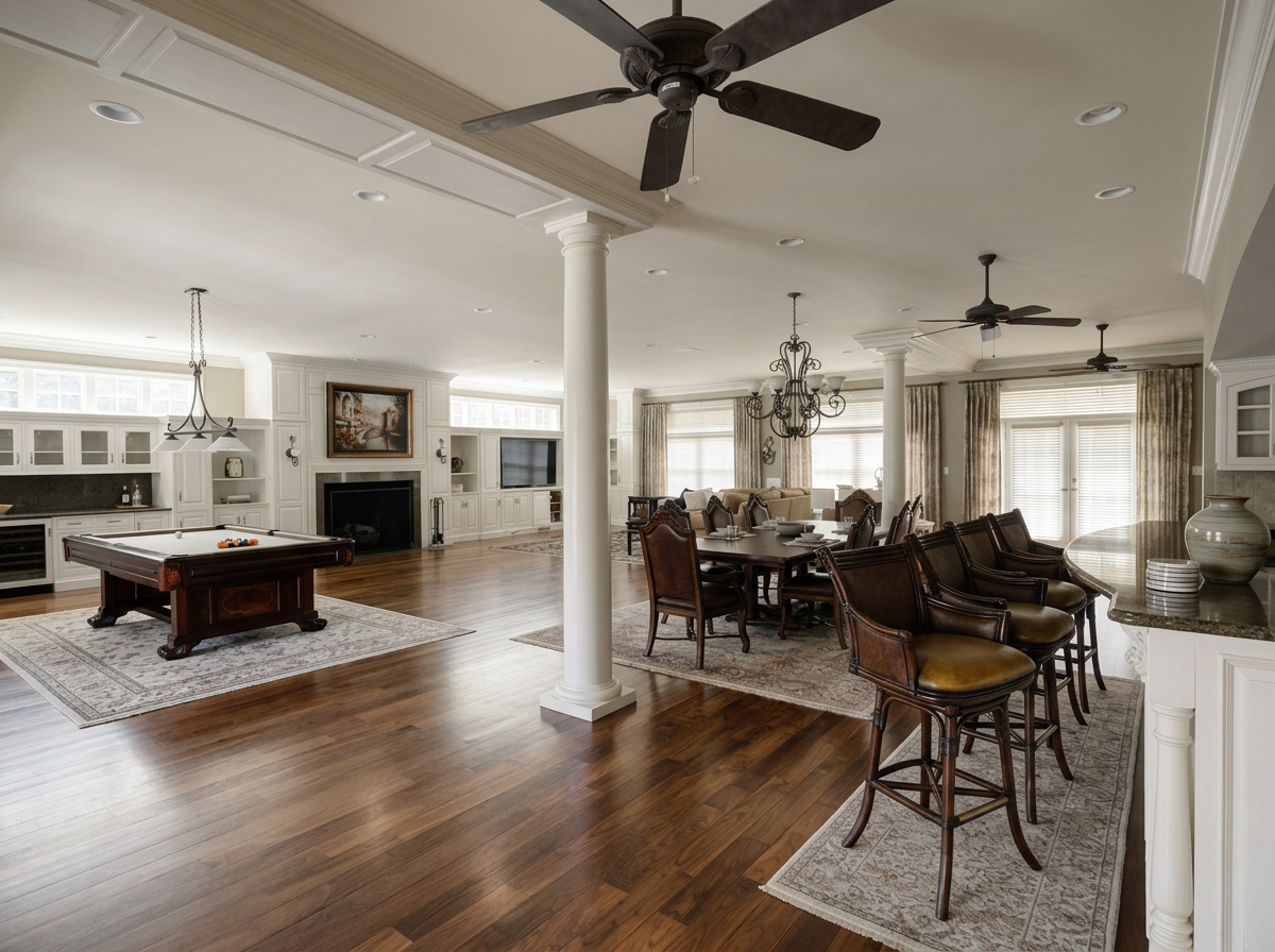 Spacious open-concept living and dining area with hardwood floors, white cabinetry, and large windows. Features a pool table, a fireplace, a large dining table with chairs, and a sitting area with sofas. Decorated with chandeliers, curtains, and ceiling fans.