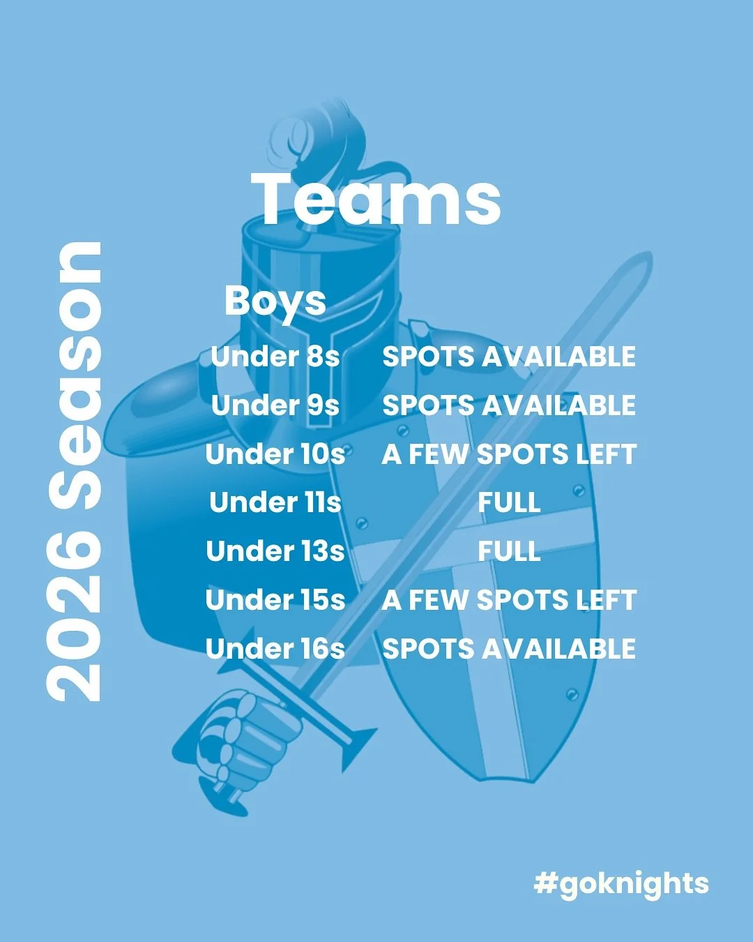 Teams are filling up fast!!💨 

Our Under 11s &amp; 13s are completely full.⛔️

Spots are still available in our other teams so if you want to join the Knights, head to the registration link in our bio. 🔗

If you are new or transferring - DM for the