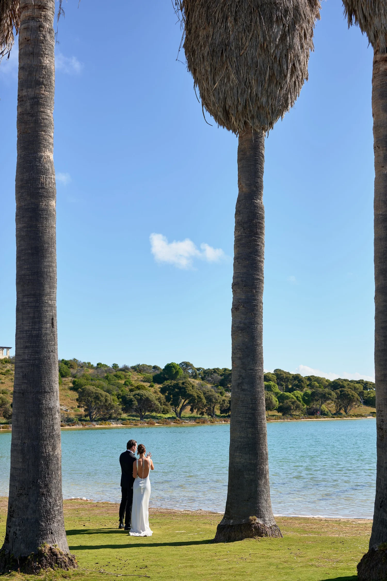 A couple standing between tall palms at the edge of the salt lake
