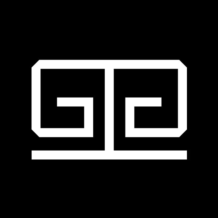 Black background with a white geometric logo resembling a maze or interconnected lines.