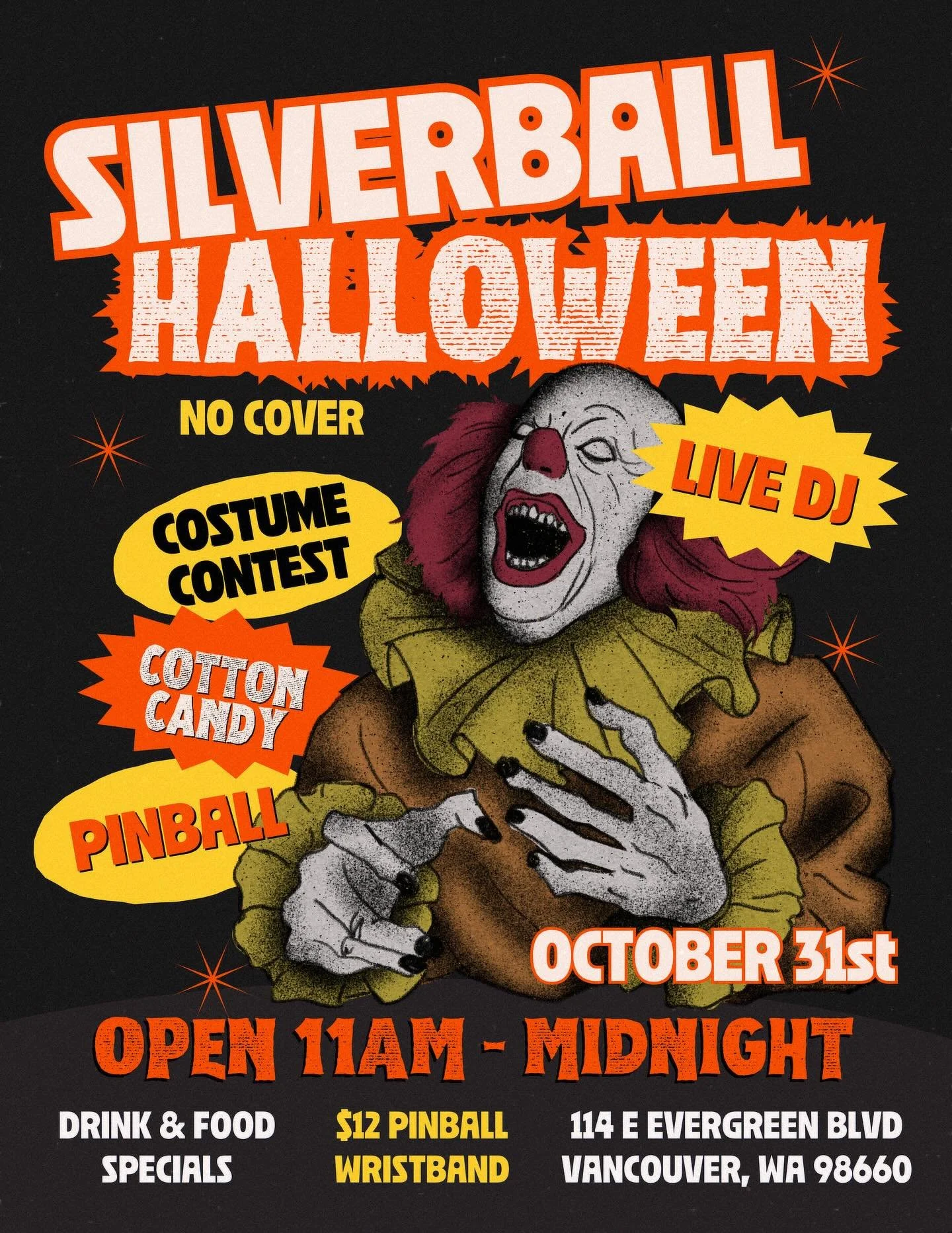 Join us for our creepy carnival for Halloween 🎪 
It&rsquo;s sure to be a clowning good time! 🤡 
Enjoy a live DJ, fresh-spun cotton candy, food and drink specials, and all the pinball your heart desires! 🎃