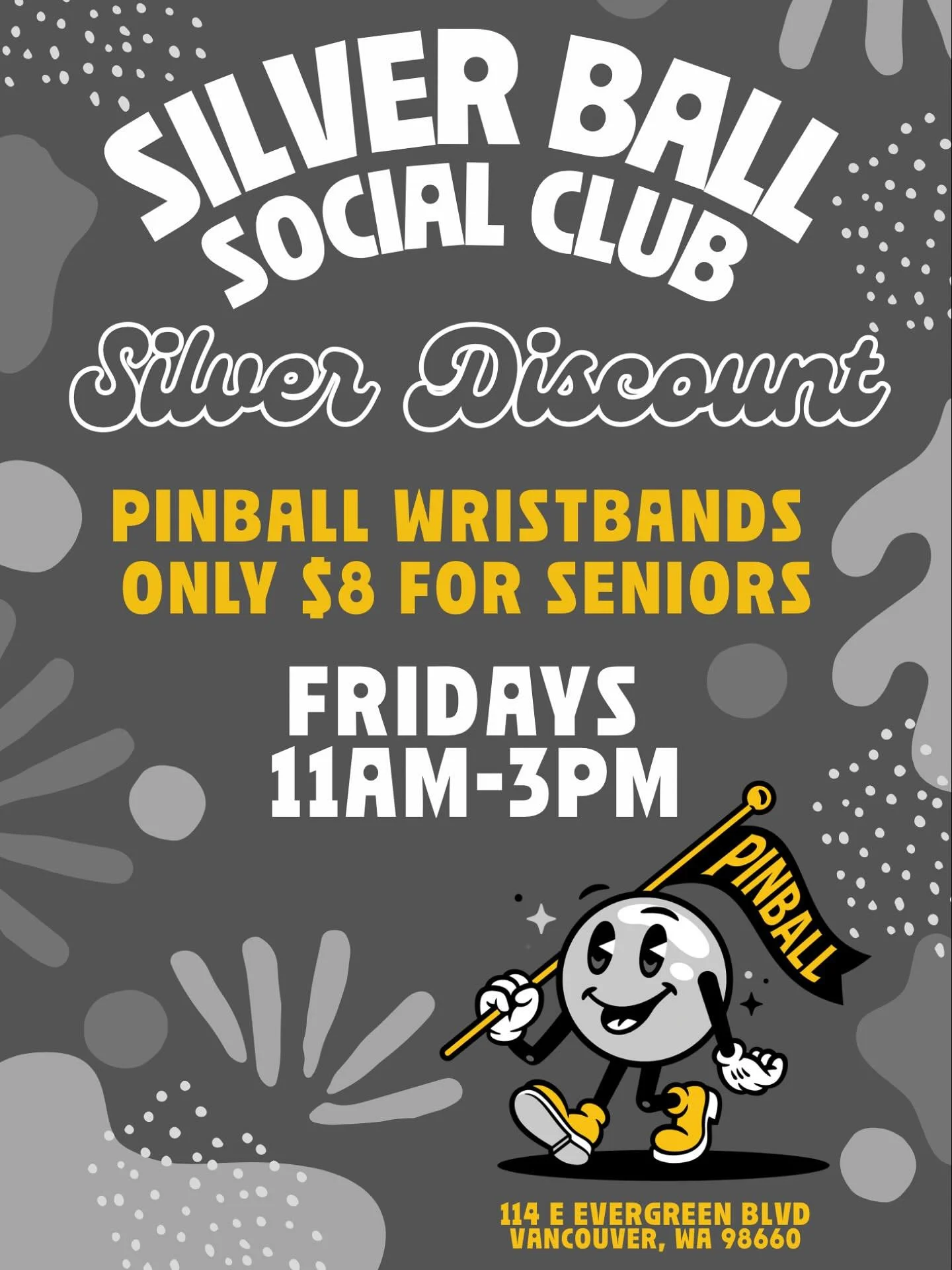 Silver Discount 🩶 Fridays 11am-3pm wristbands will only cost $8 for those who are 60+ in their silver era.