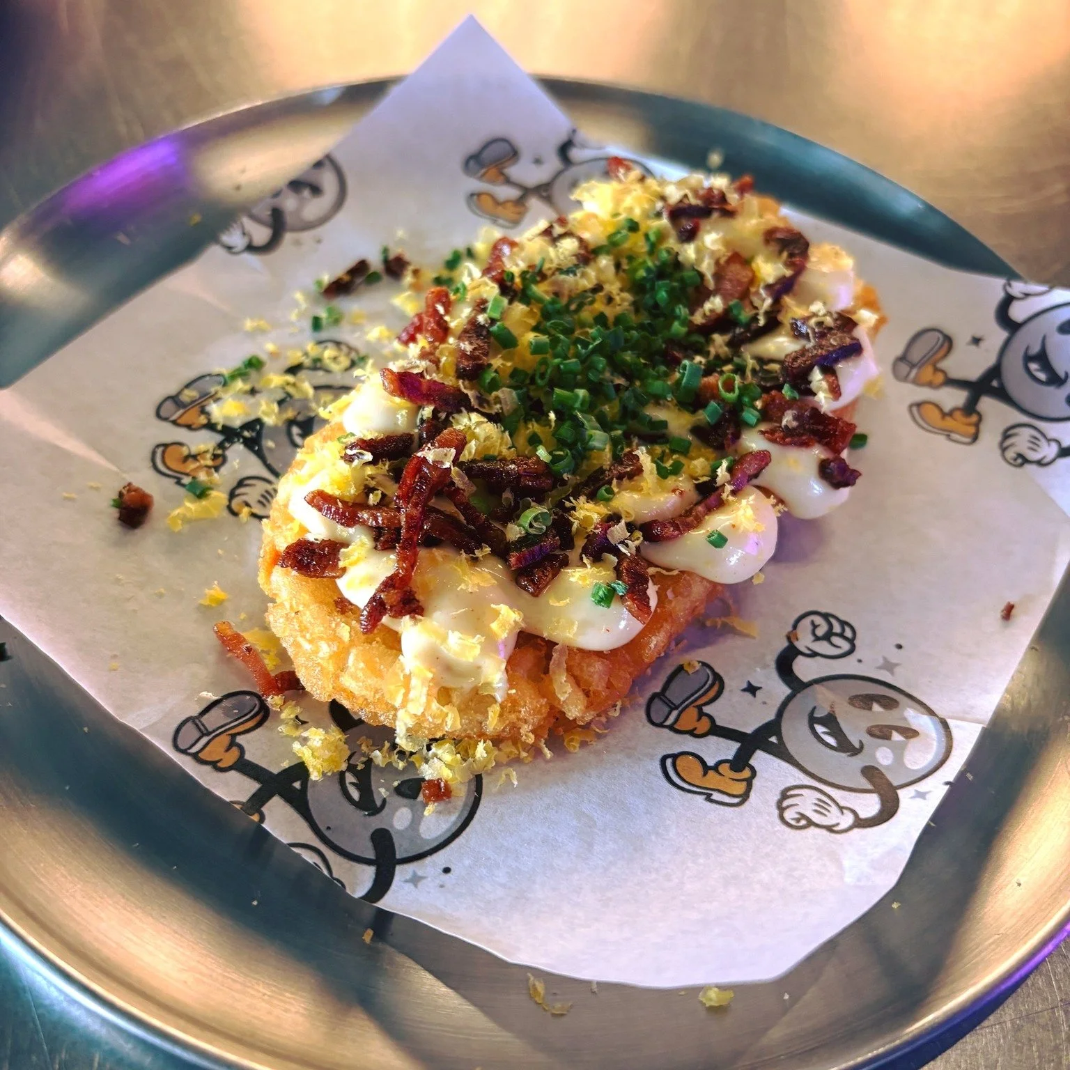 Come get into a brunch of trouble with us and gobble up these goodies! Every Sunday 11am-3pm.

Pictured:
Benedict Loaded Hash Browns- Hollandaise, bacon bits, cured egg yolk, chives
Tacho Loaded Hash Browns- Red chili crema, avocado whip, pickled jal