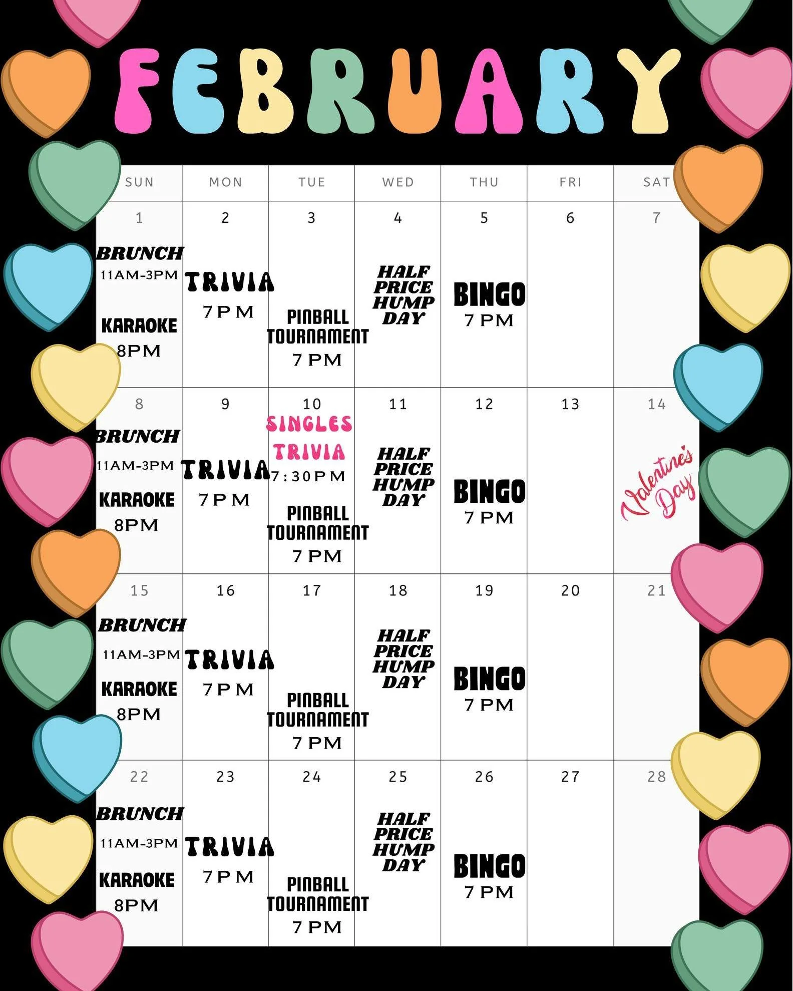 Looking for love in all the wrong places? Try your luck at our Singles Trivia this Tuesday 2/10 at 7:30pm or any of the other events we're running all February long!