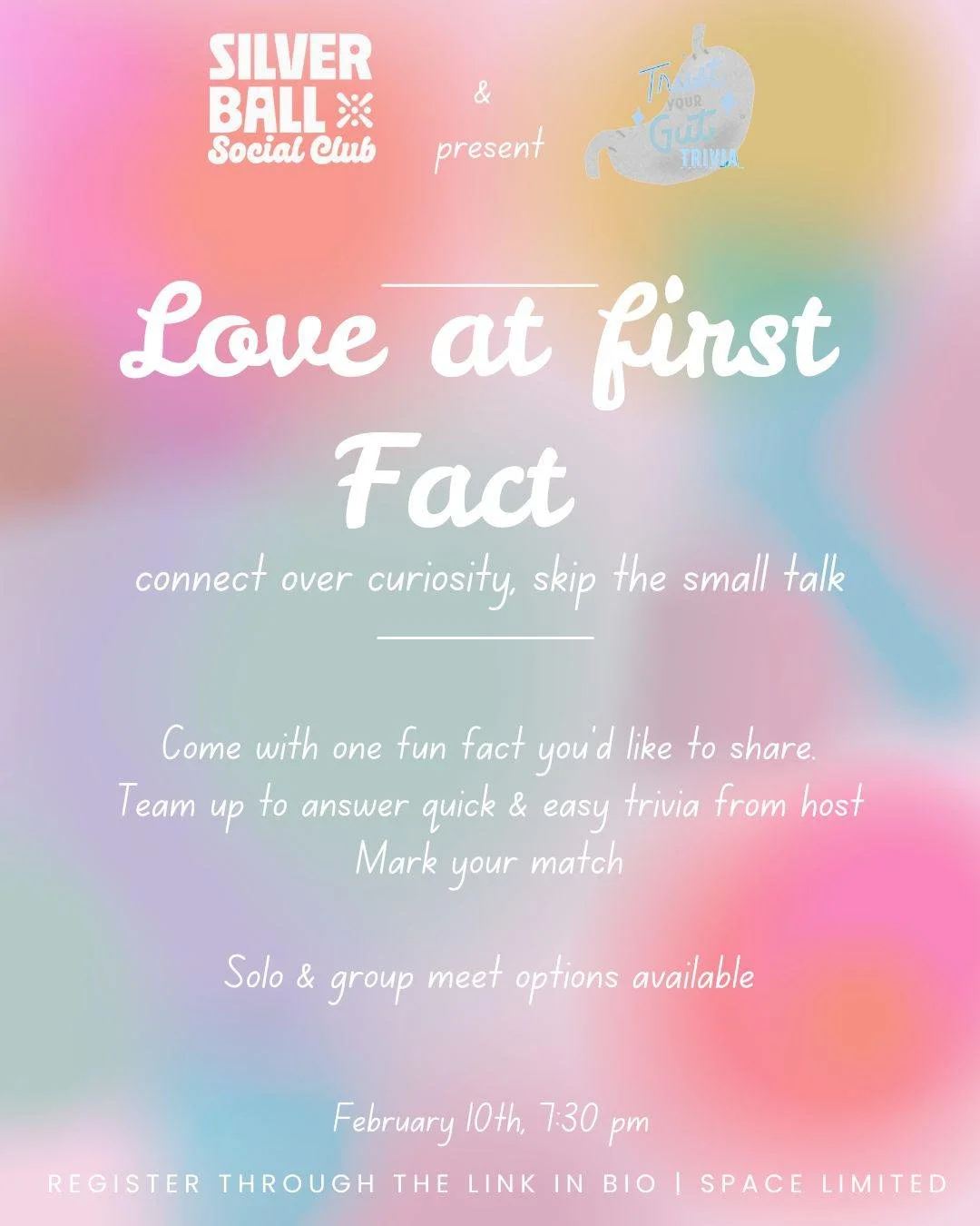 Can't find someone who loves you for your big brain? Come flex your heart and your mind with us  this Tuesday 2/10 @7:30pm, for a trivia inspired speed dating experience and maybe find that special someone 💖

Hosted by @trustyourguttrivia 
Register 