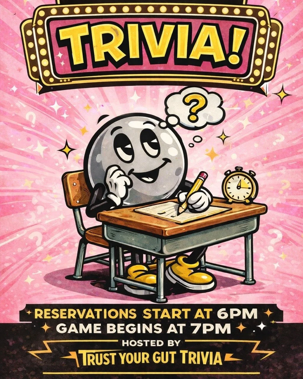 Trivia starts at 7pm tonight. Be there or be square!

And don't forget about Love at First Fact tomorrow night starting at 7:30. Maybe you'll find that special person to spend Valentine's with. Register at the link below to snag your spot!

https://d