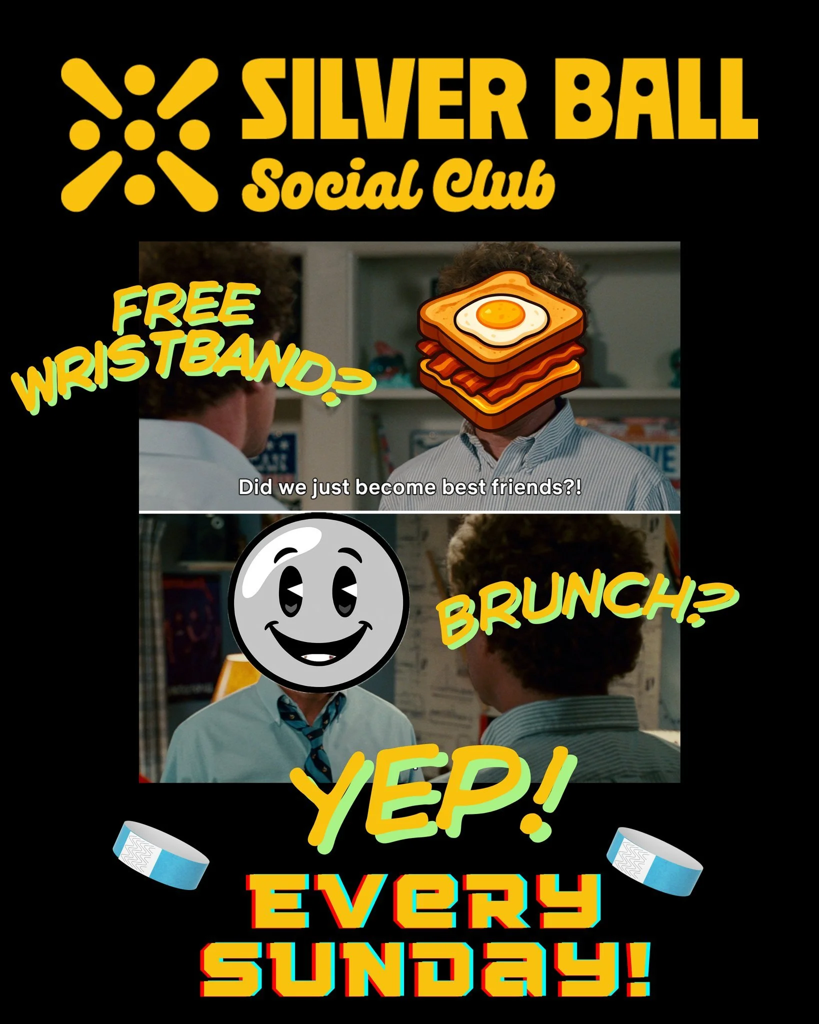 Starting this Sunday you can score a free pinball wristband just for eating brunch with us! Eat up and get your pinball on 🍳🥓