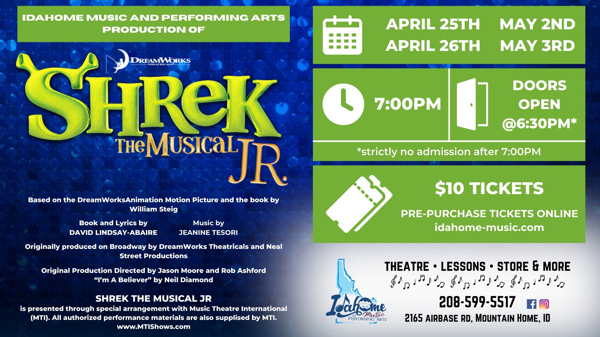 Tomorrow is opening night for Shrek the Musical Jr! Pre-purchase tickets for tomorrow night online or for other show nights. https://www.idahome-music.com/purchase-shrek-the-musical-jr-tickets