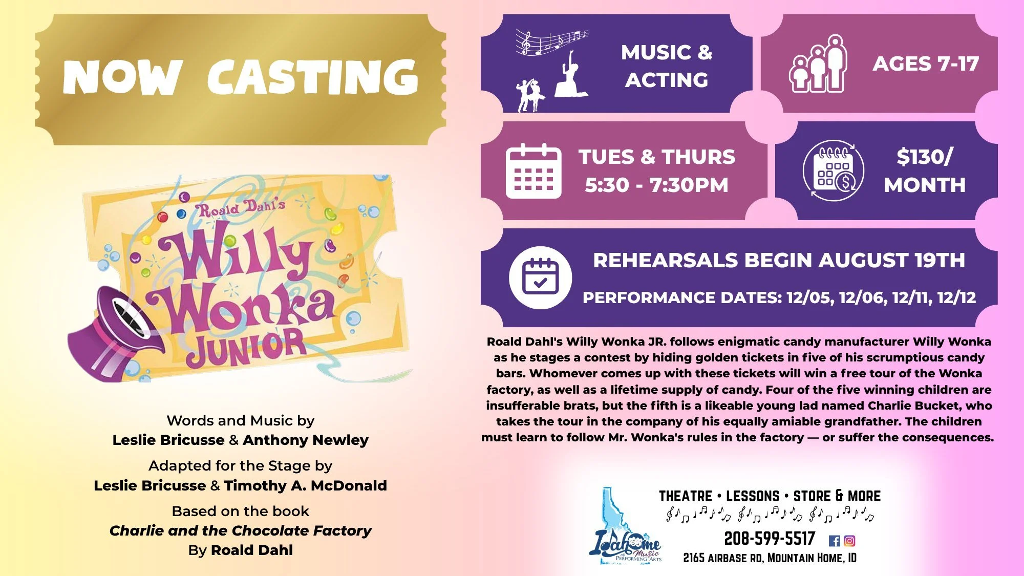 🍫 We are now casting for our fall theatre class! We have less than 10 spots left, so contact us to sign-up today to reserve your spot!