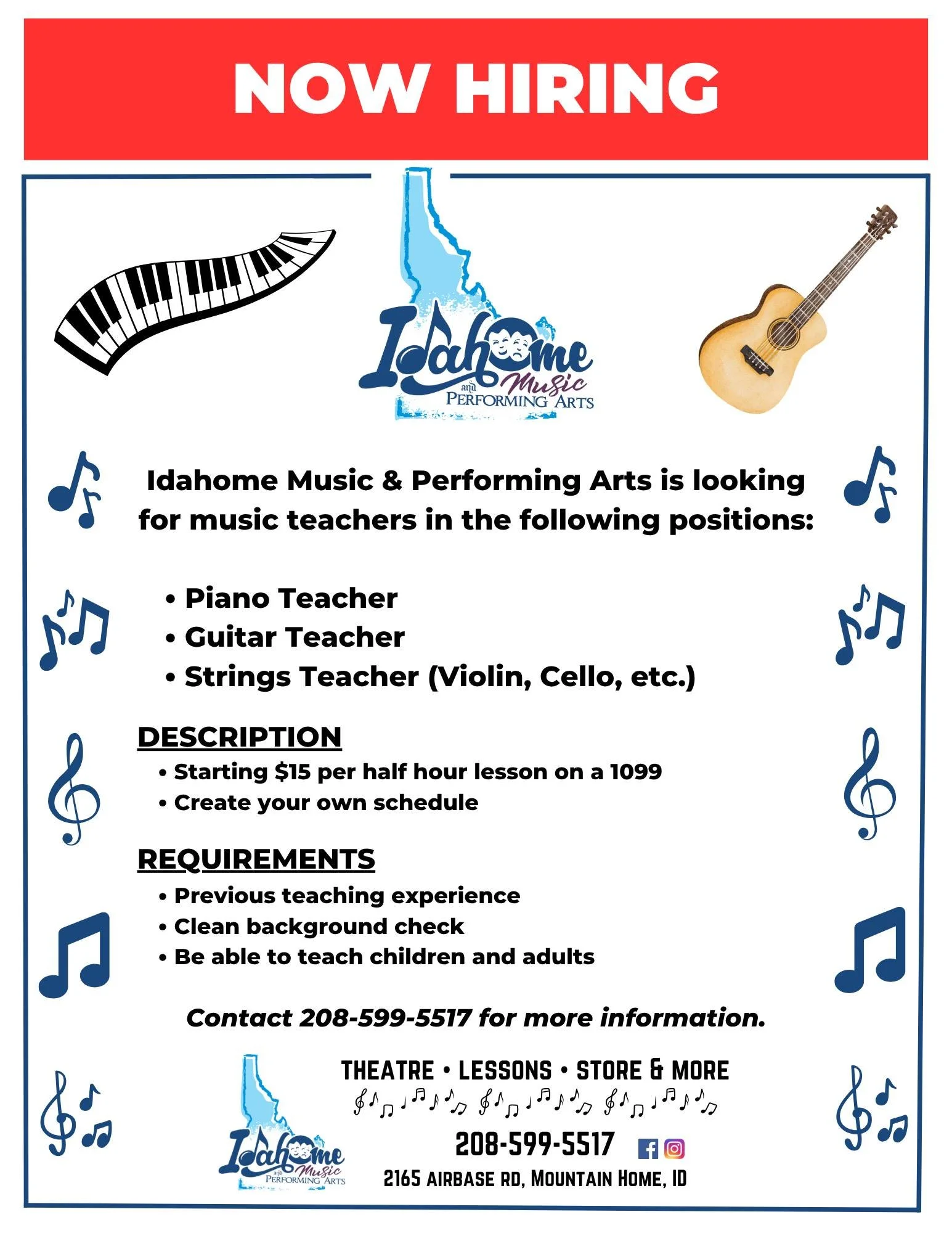 We're looking for skilled, enthusiastic teachers for piano, guitar and strings.  Contact us for more information!