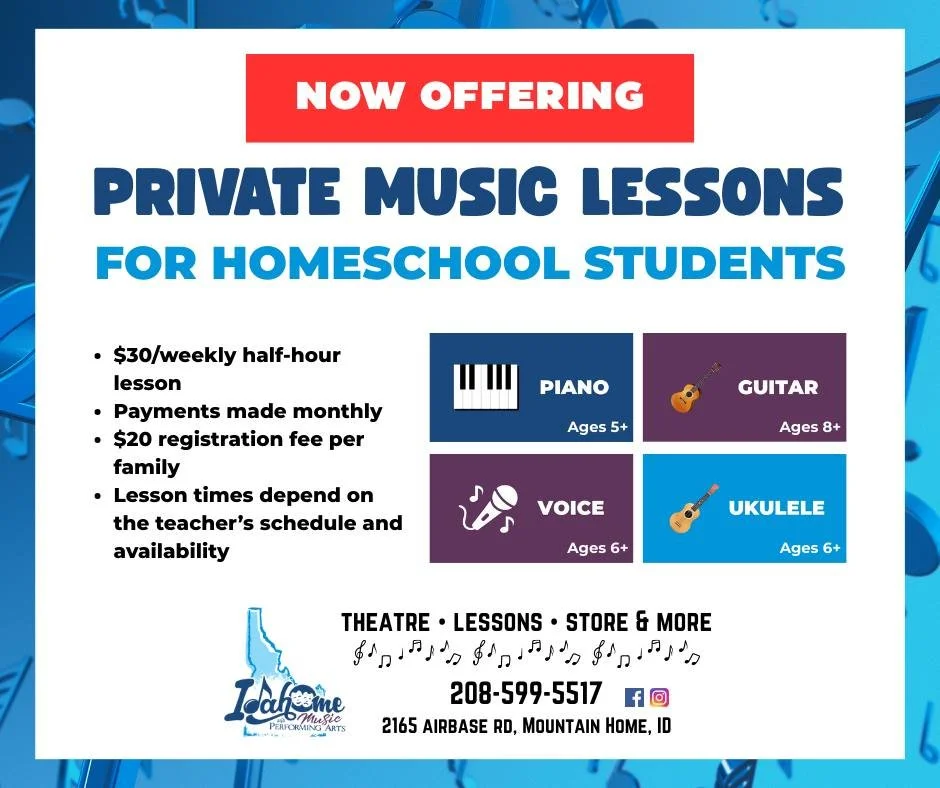 🎶 We are now offering private music lessons for homeschool students during school hours! Contact us today to sign up now!
