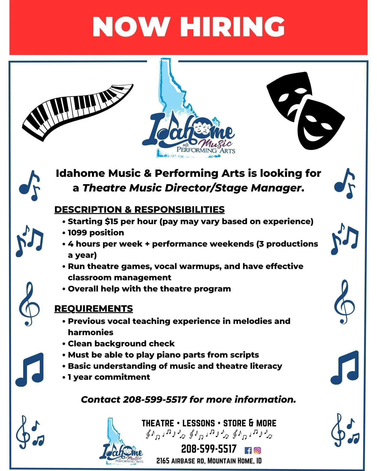We are now hiring for multiple teaching positions! We are looking for a Theatre Music Director/Stage Manager, and instructors for piano, guitar, and strings. Contact us for more information!